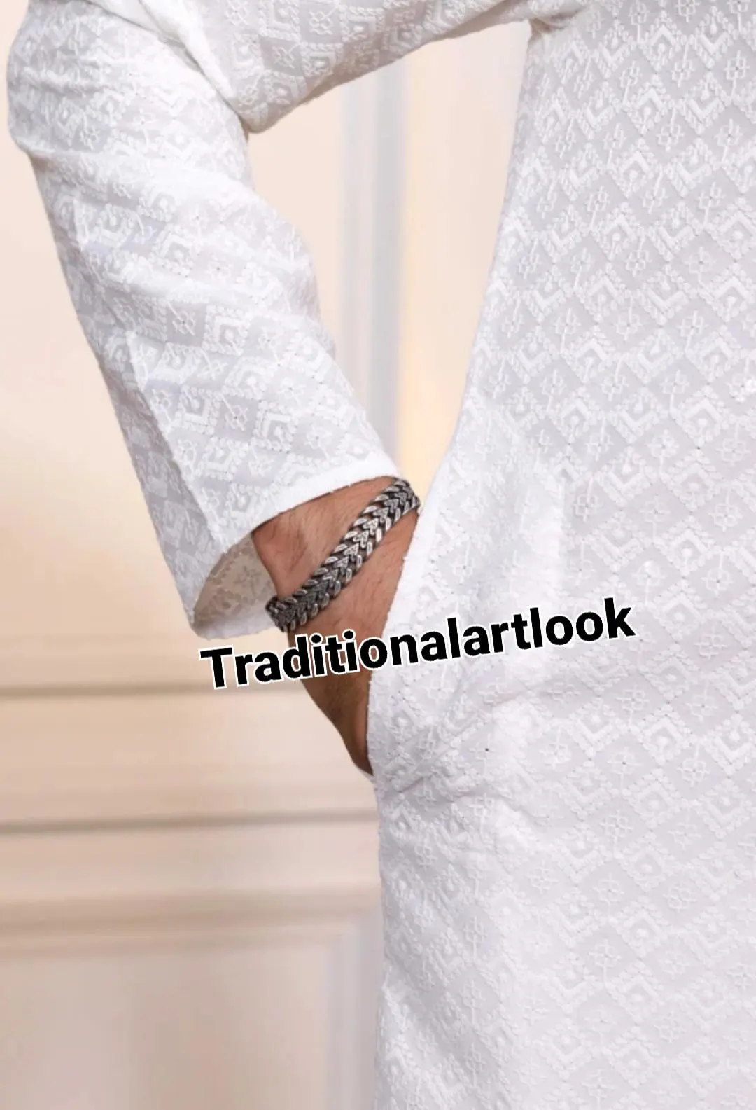 White color Chikankari kurta for men, Indian Wedding Outfit, Party wear Suit, - image 5