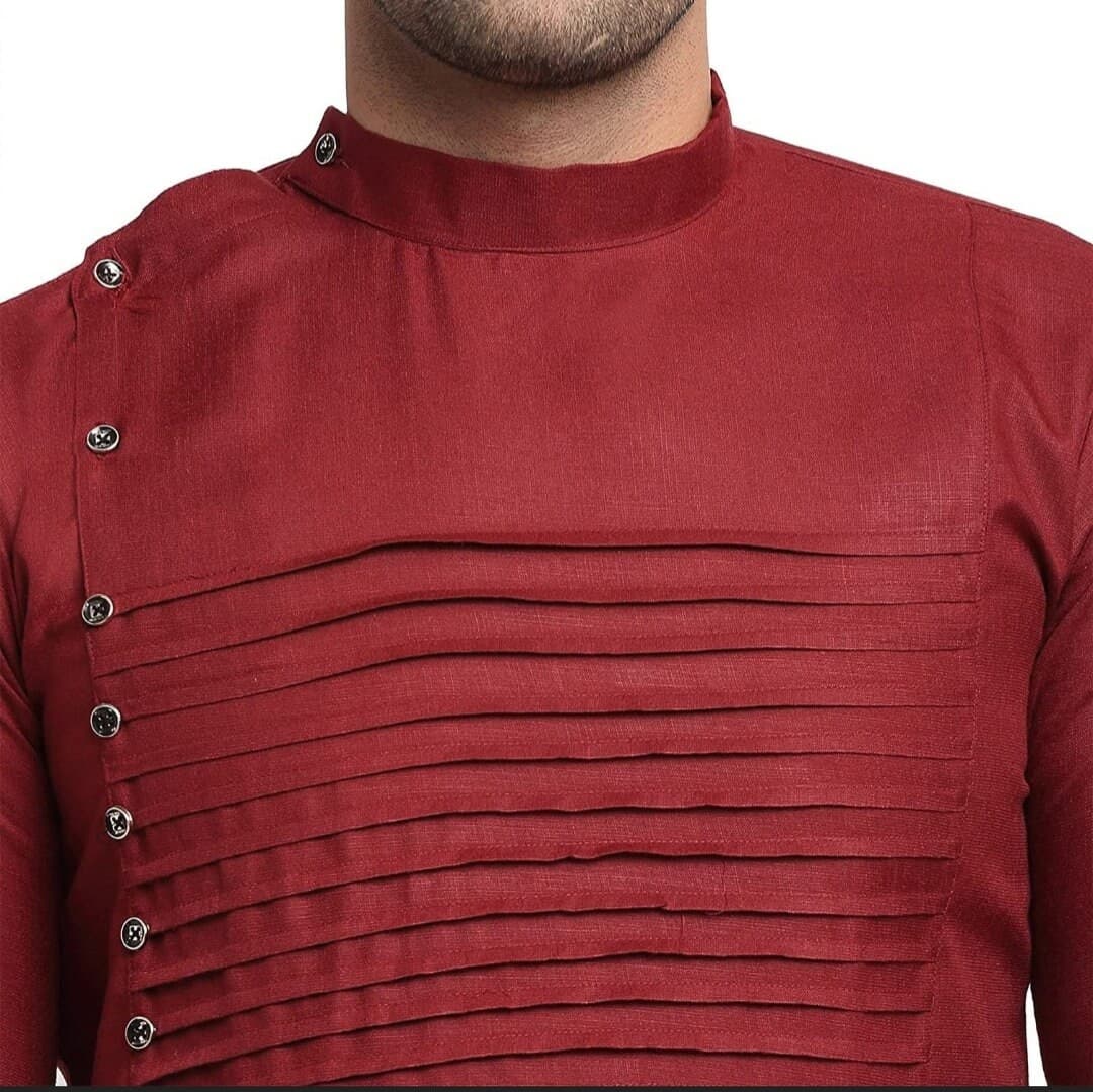 Maroon Color Cotton Short Kurta Pintex Design Indian Wedding Outfit, - image 3