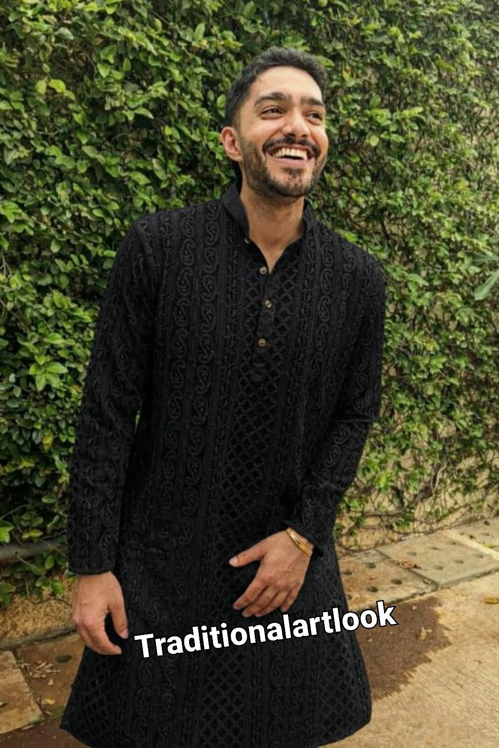 Black color Chikankari Kurta Pajama Set Indian Wedding Outfit for men,