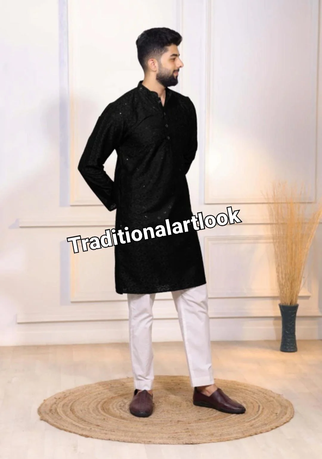 Black color Chikankari kurta for men, Indian Wedding Outfit, Party wear Suit,