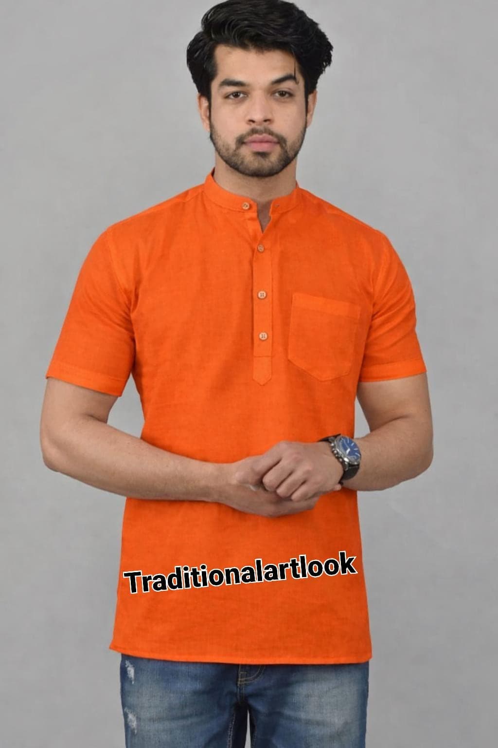 Cotton Short Kurta man, Half Sleeve Comfortable Easy Washable, Orange color Indian Outfit,