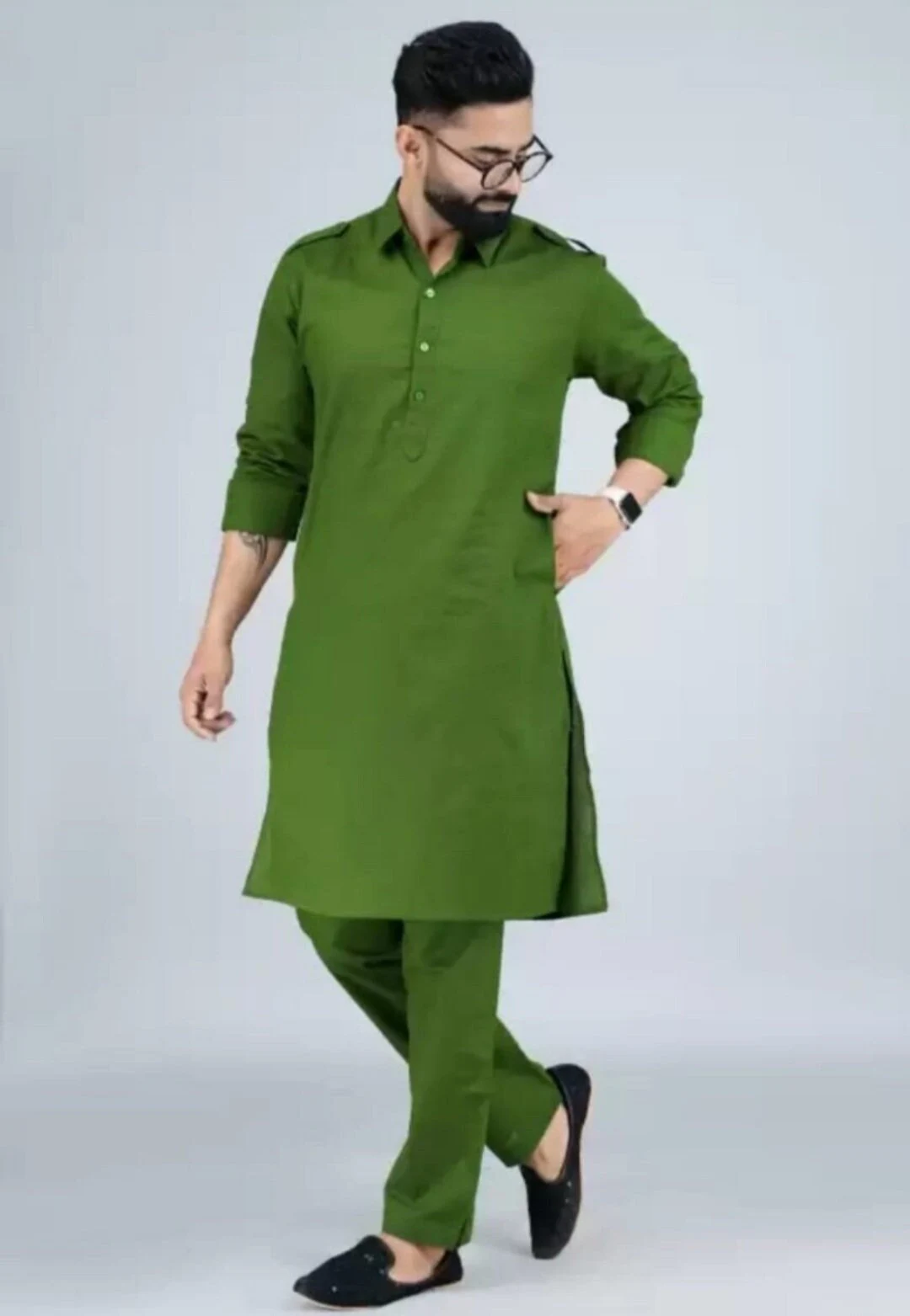 Mens Pathani kurta Cotton kurta Pajama set, Indian wedding Outfit Green color, - image 4