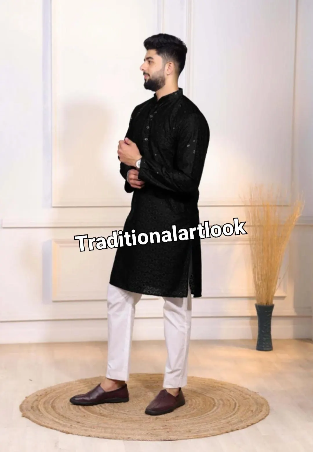 Black color Chikankari kurta for men, Indian Wedding Outfit, Party wear Suit, - image 4