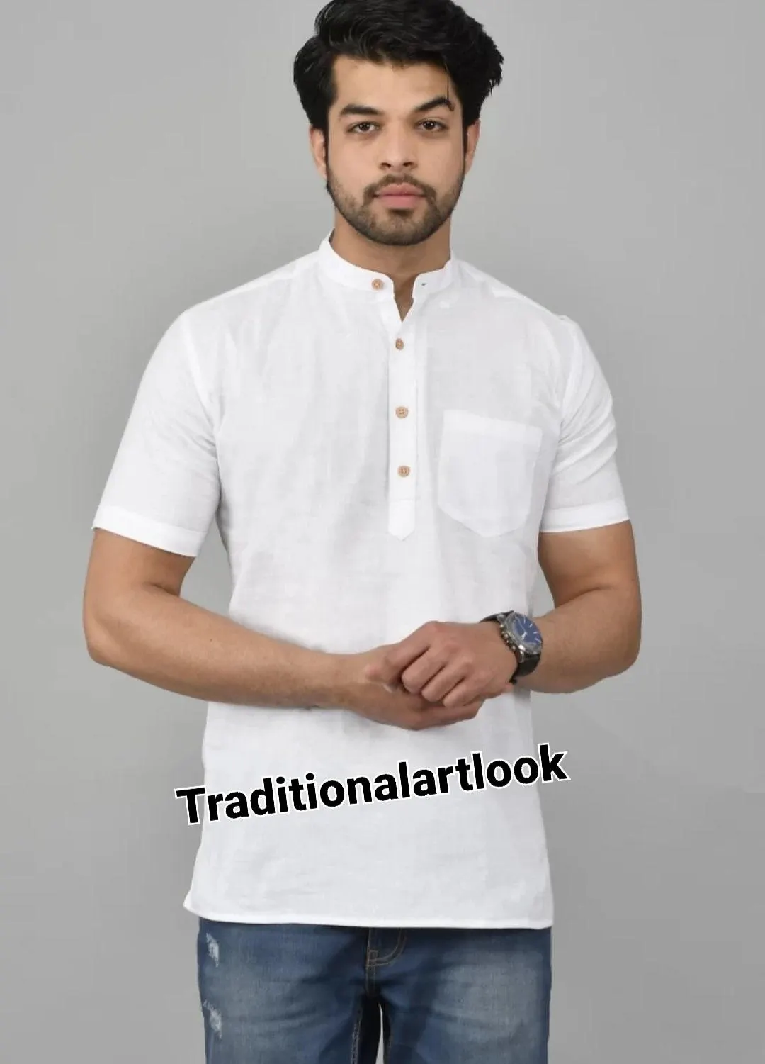 Cotton Short Kurta man, Half Sleeve Comfortable Easy Washable, Orange color Indian Outfit, - image 4