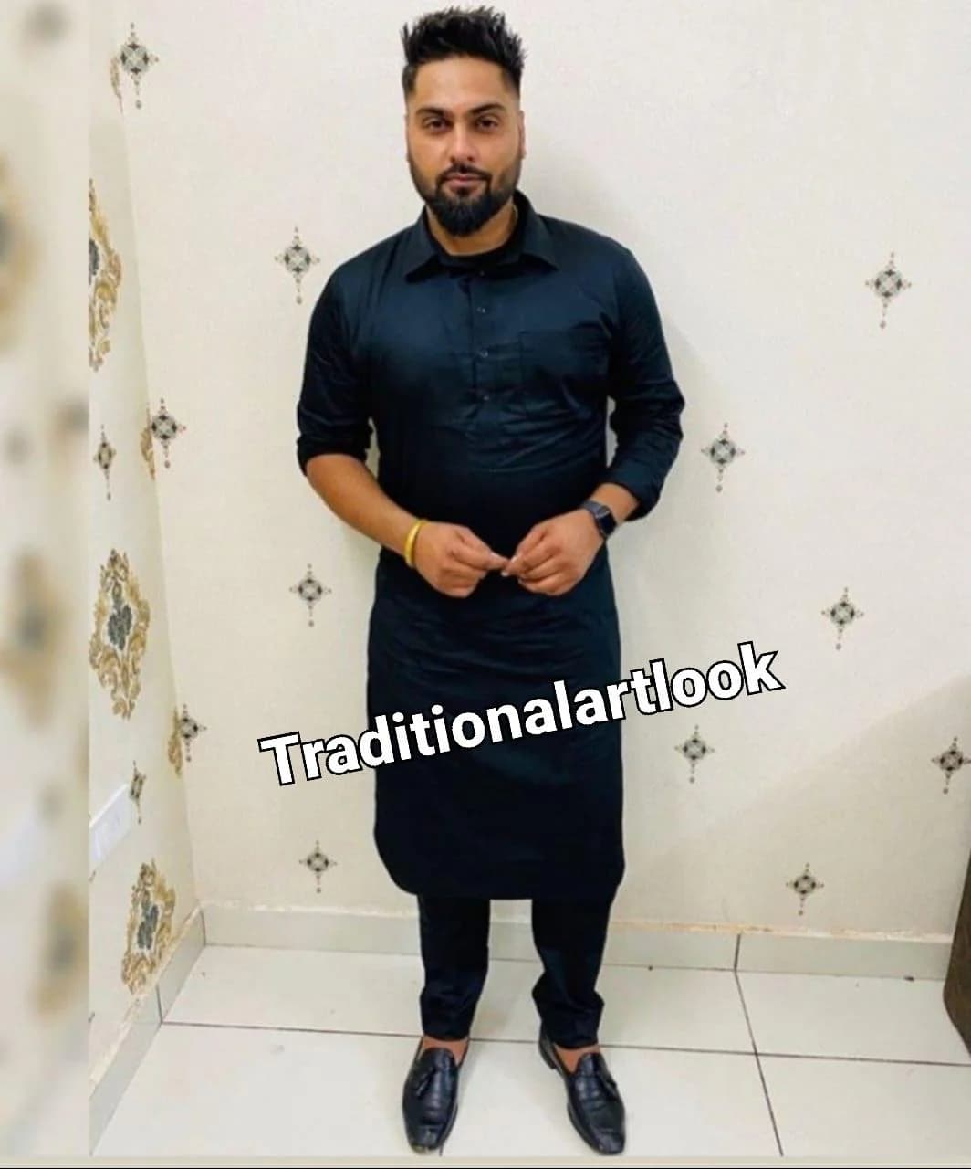 Black Cotton Blend Pathani Kurta Set: Indian Wedding Outfit,