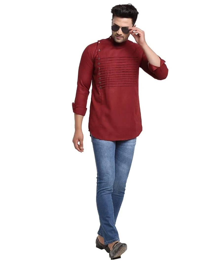 Maroon Color Cotton Short Kurta Pintex Design Indian Wedding Outfit, - image 4