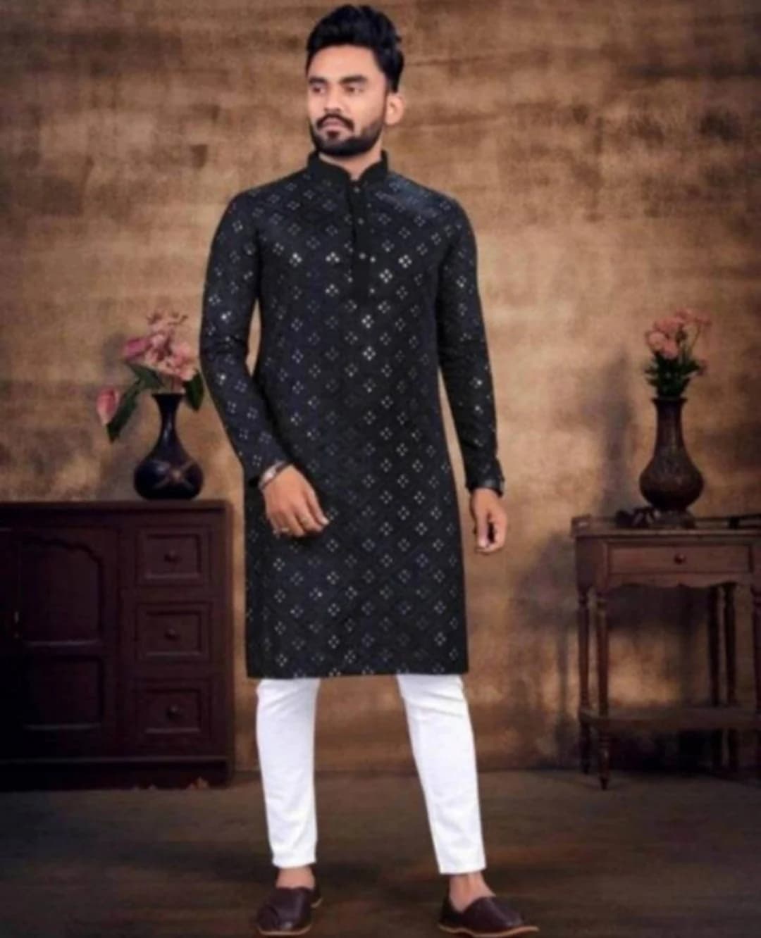 Yellow color Mirror Work Cotton Kurta Pajama Set, Indian Wedding Outfit, - image 5