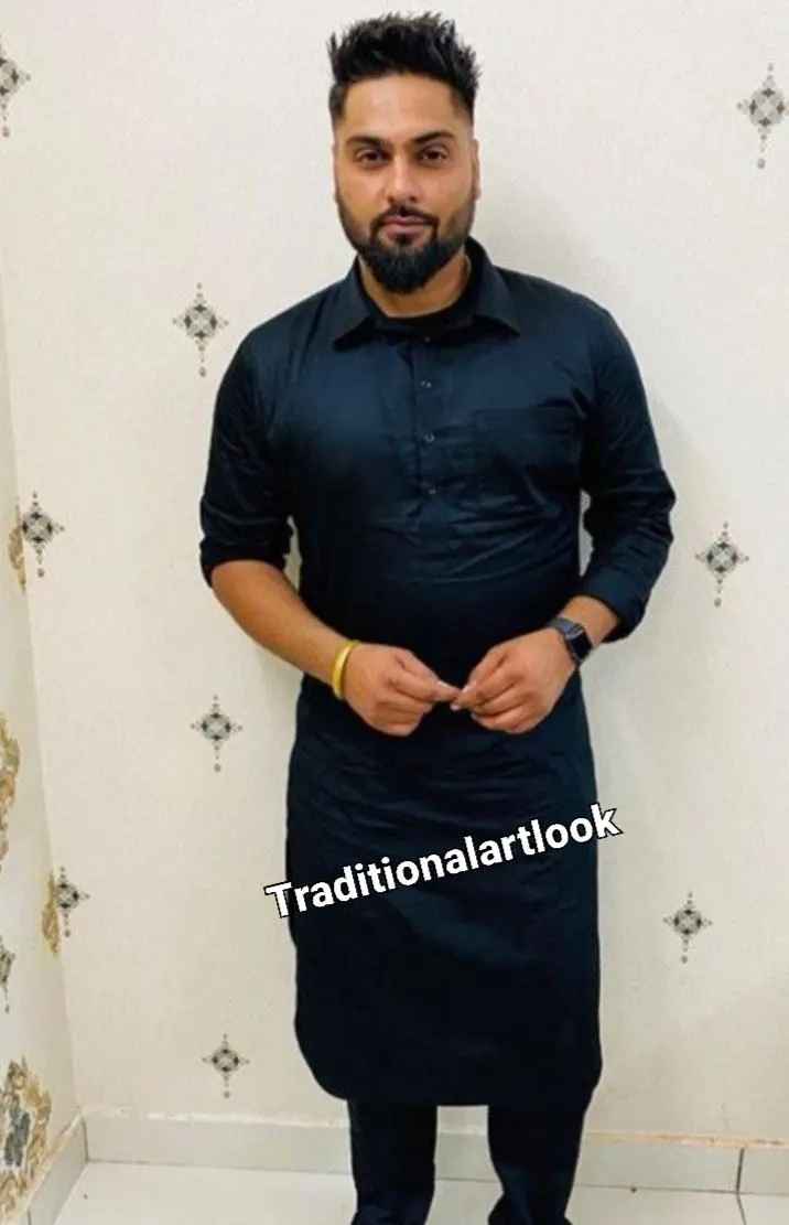 Black Cotton Blend Pathani Kurta Set: Indian Wedding Outfit, - image 3