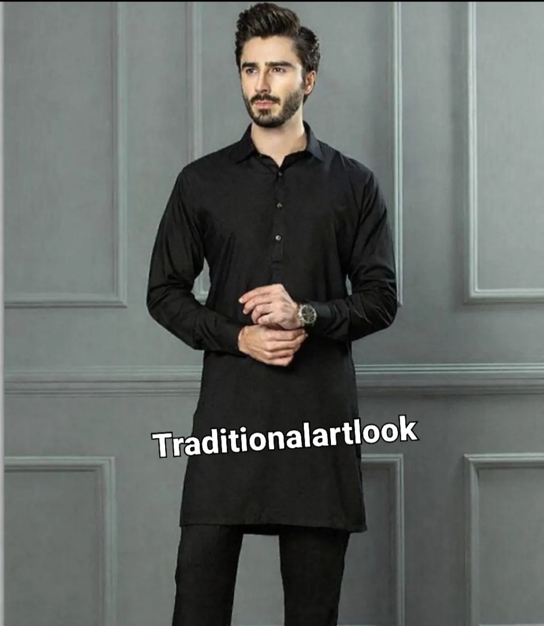 Men's Cotton Pathani kurta, Ethnic Wear Wedding Festival Outfit Black color, - image 2