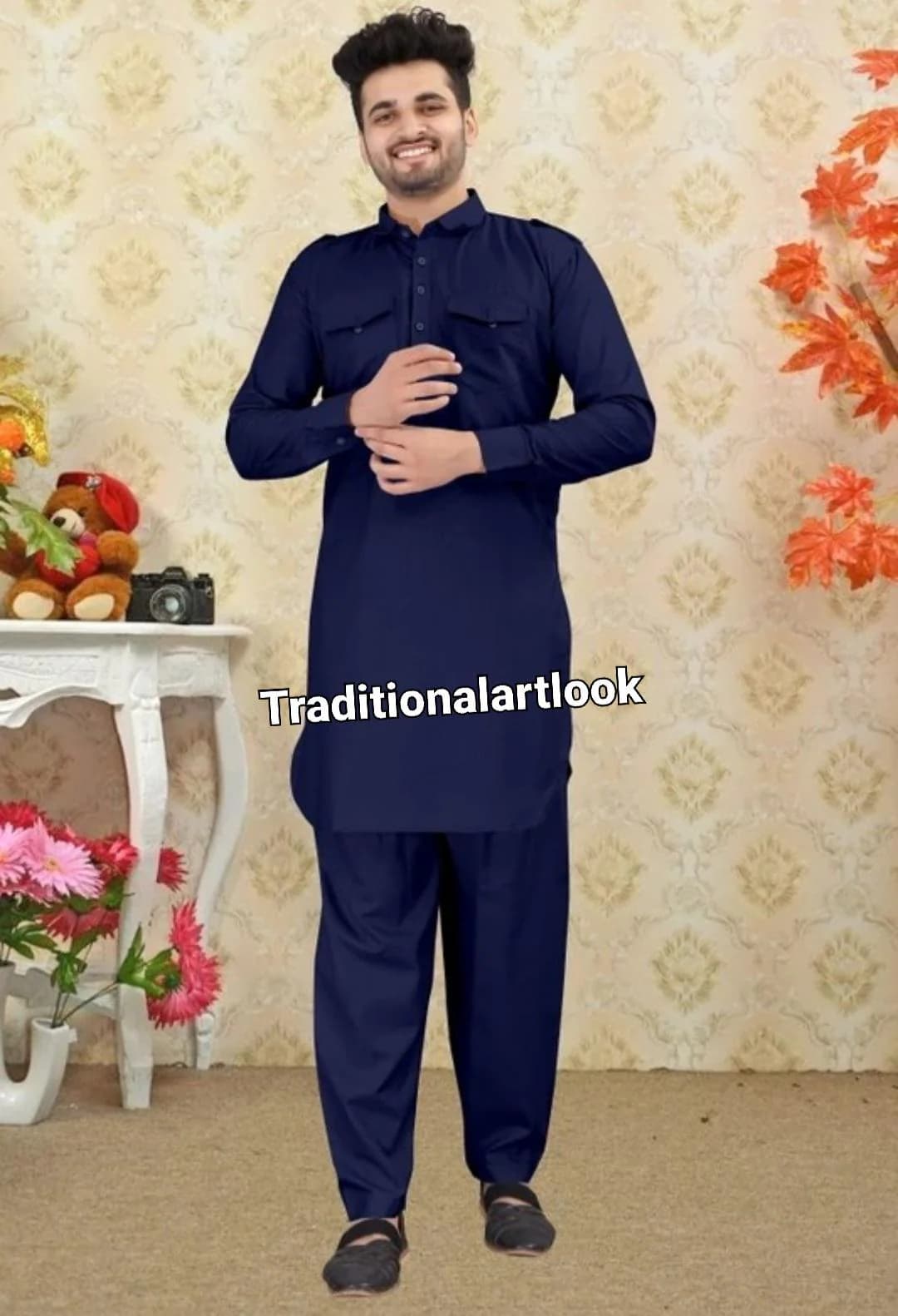Handmade Blue Cotton Blend Pathani Suit: Indian Kurta Pajama Set