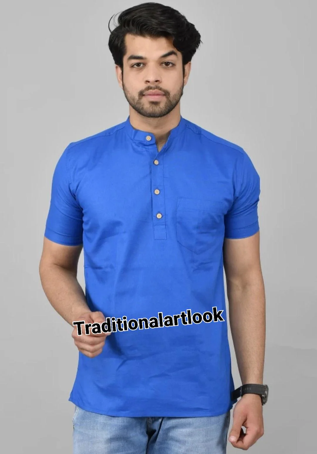 Short kurta Man, Royal blue color Half Sleeve Indian Wedding Outfit,