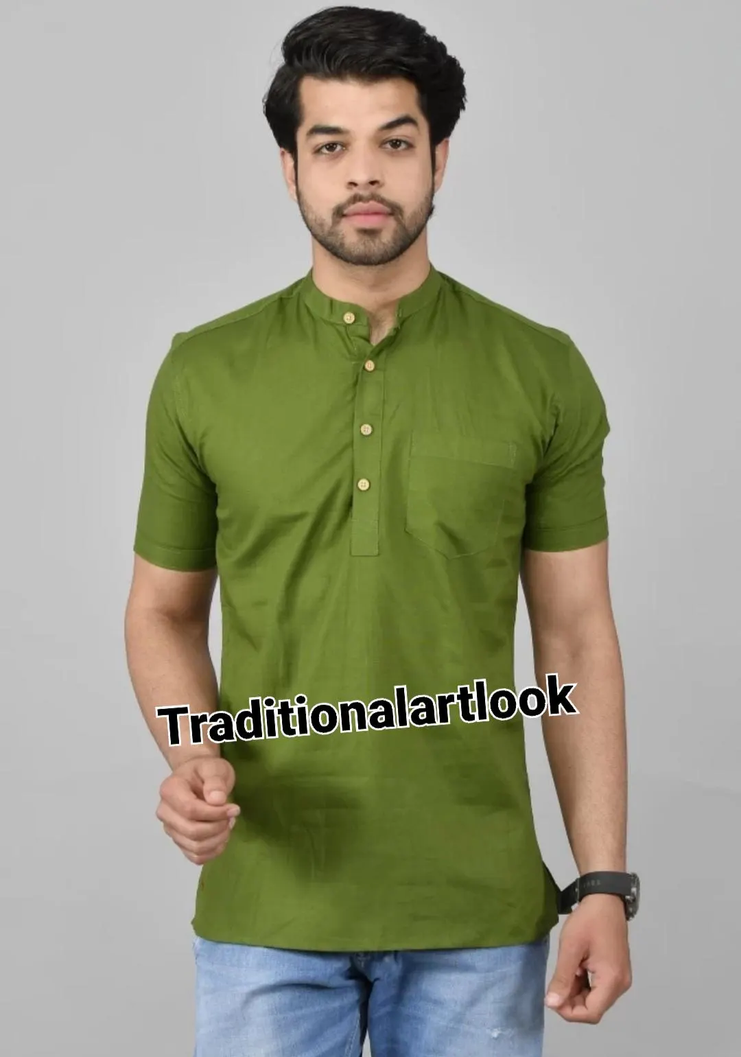 Cotton Short Kurta man, Half Sleeve Comfortable Easy Washable, Orange color Indian Outfit, - image 3