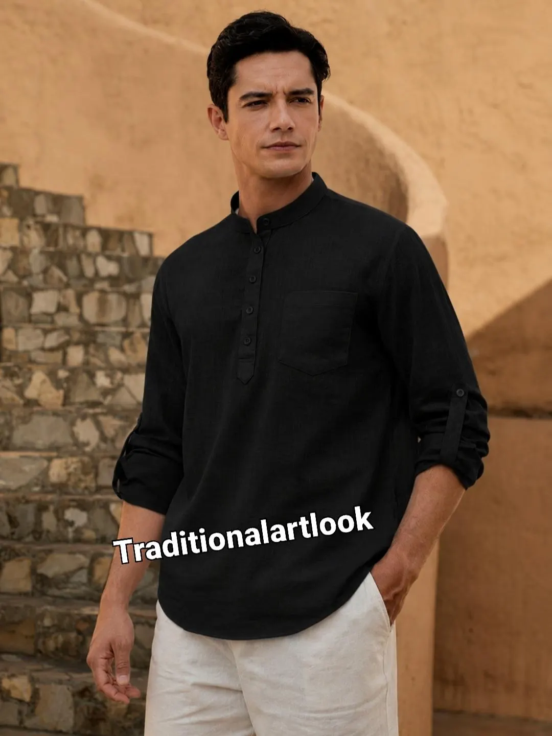 Black color Cotton Short Kurta: Handmade Indian Wedding Outfit, - image 2