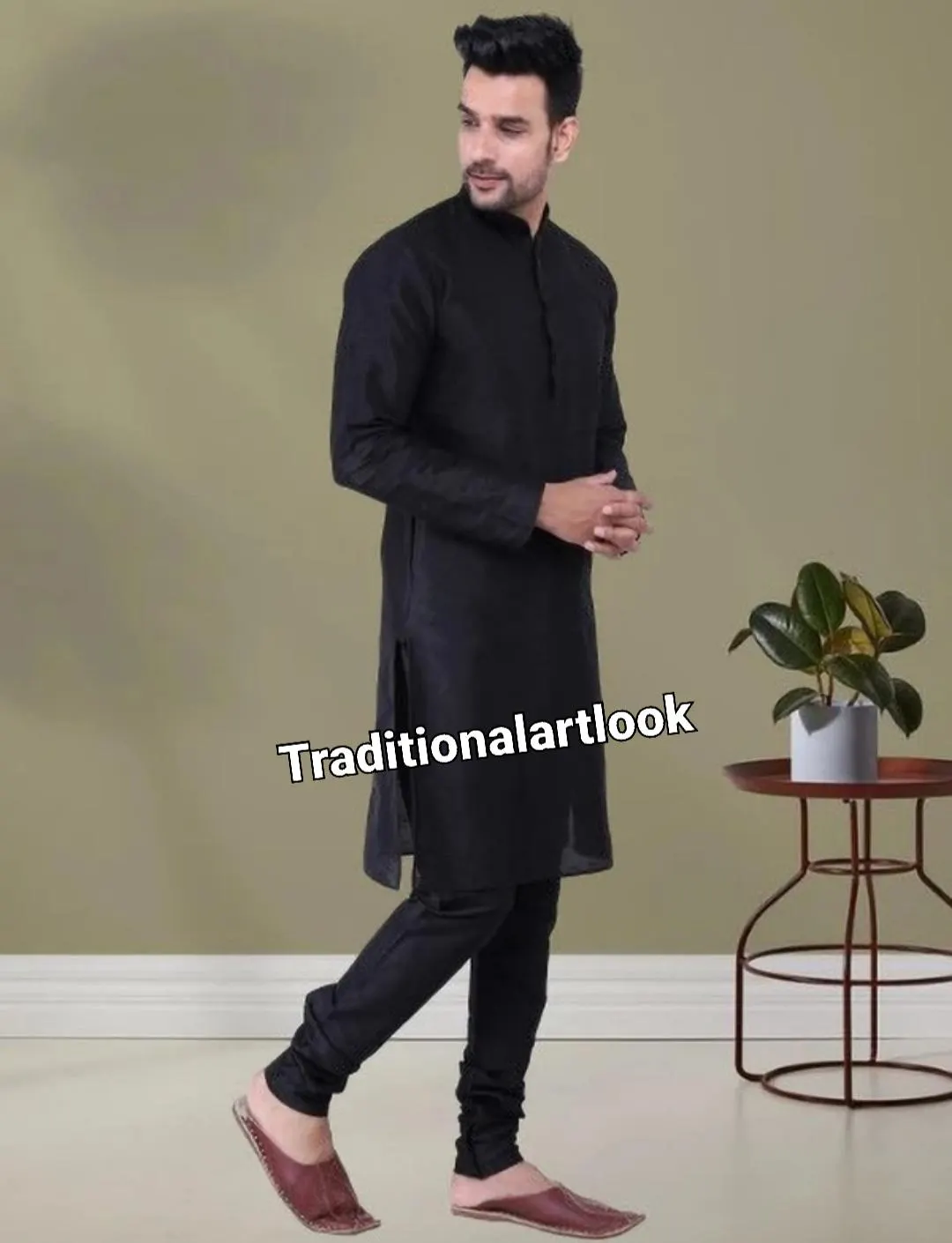 Man kurta Banarsi Silk kurta pajama | indian Ethnic Wear Black color Wedding Outfit, - image 4