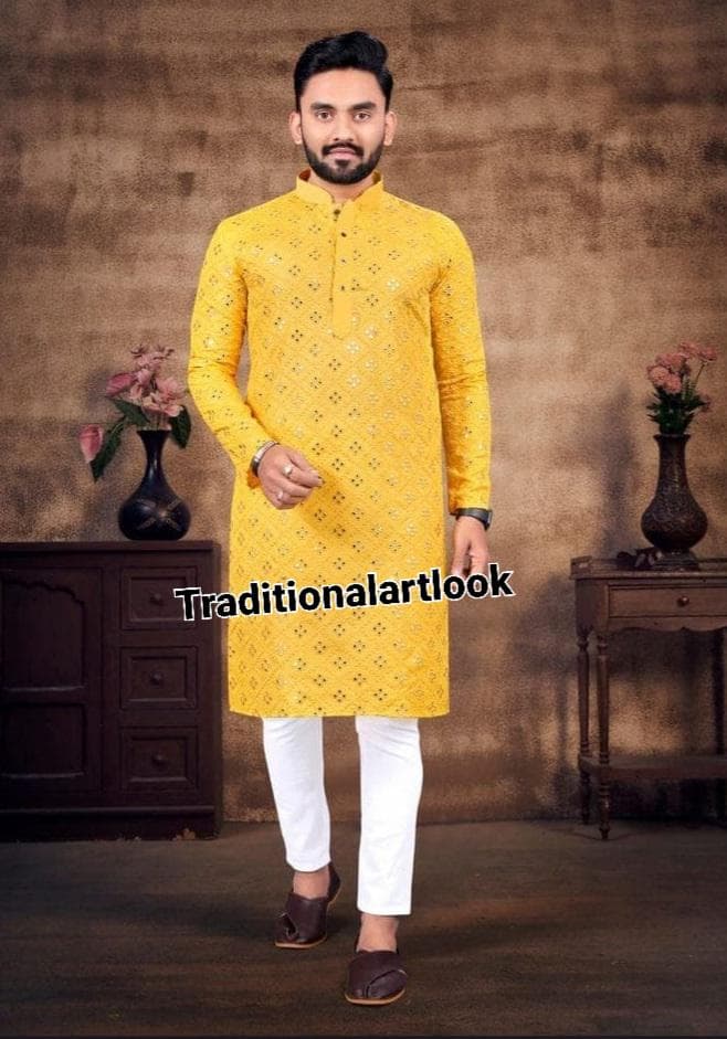 Yellow color Mirror Work Cotton Kurta Pajama Set, Indian Wedding Outfit,