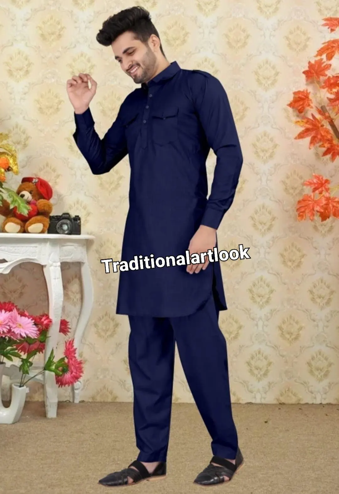 Handmade Blue Cotton Blend Pathani Suit: Indian Kurta Pajama Set - image 3