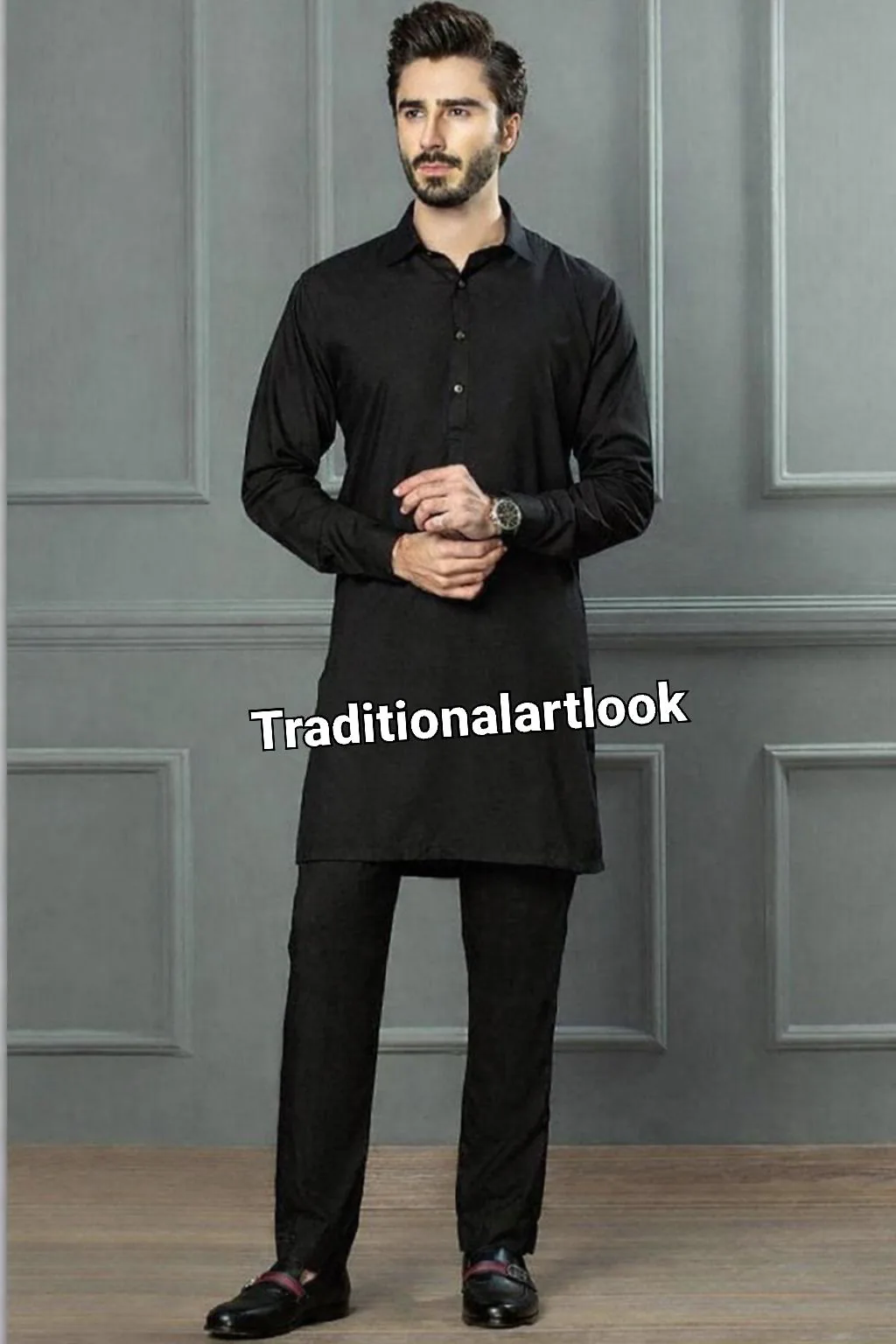 Men's Cotton Pathani kurta, Ethnic Wear Wedding Festival Outfit Black color,