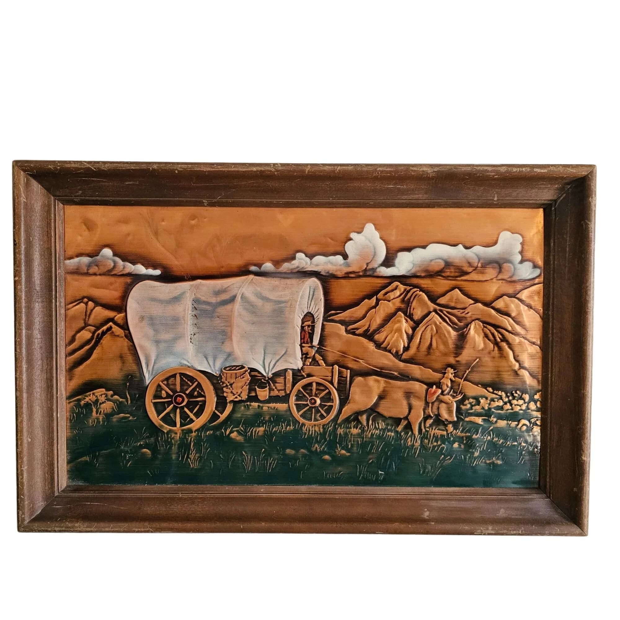 Vintage Covered Wagon Wall Art Copper Relief Ox Mountains Western
