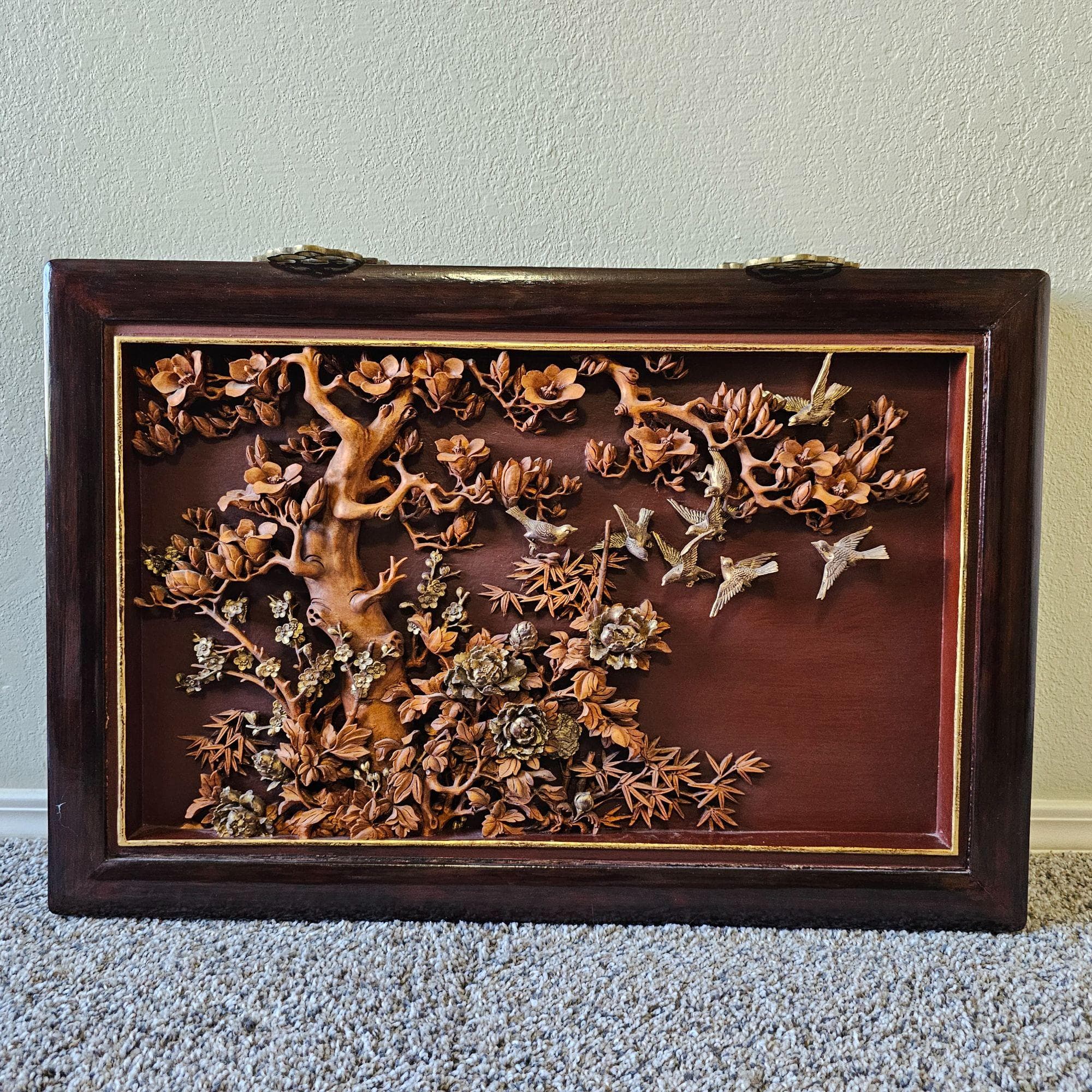 Antique Chinese Japanese Relief Carved Wood Lacquer Panel Birds Prunus Tree Wall - image 3