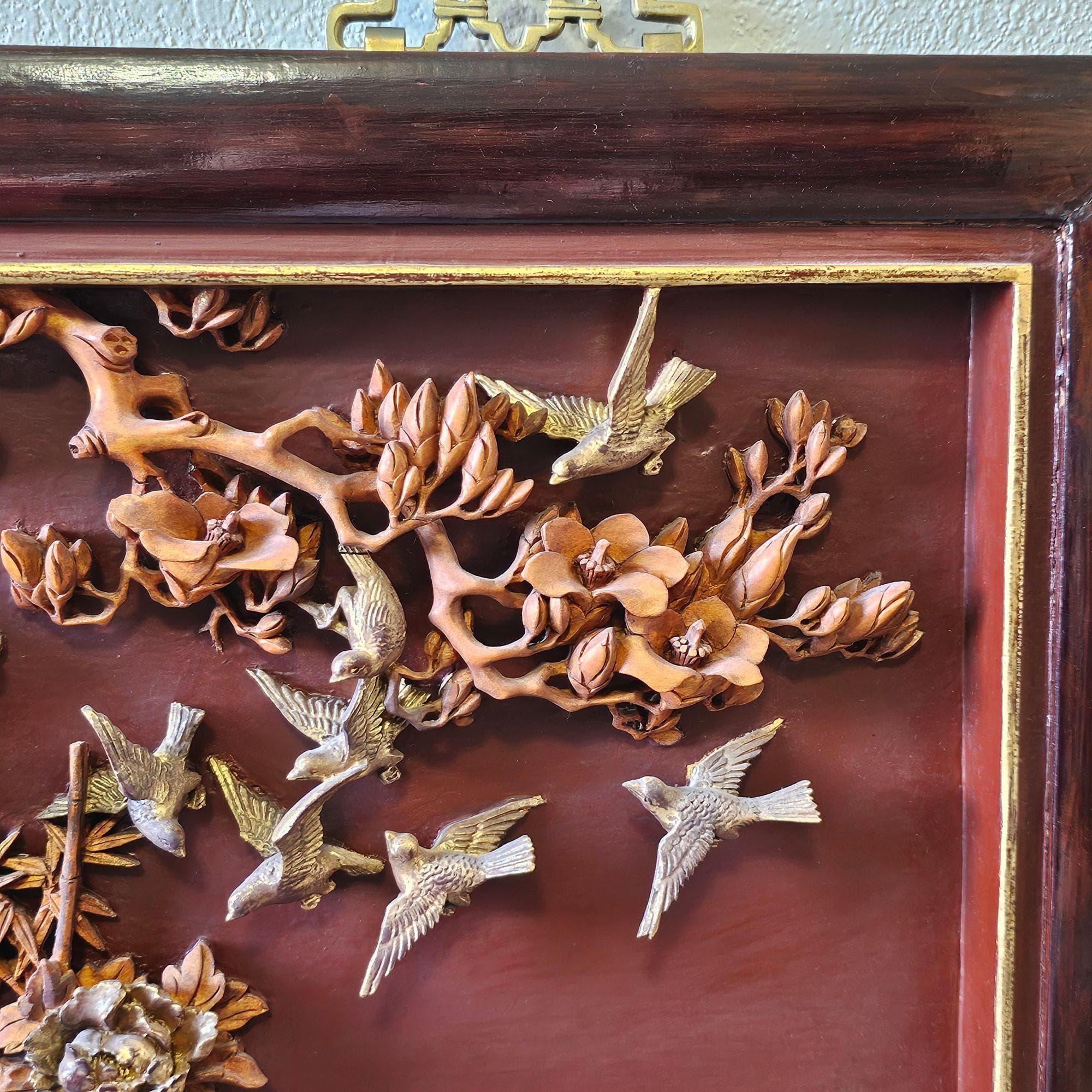 Antique Chinese Japanese Relief Carved Wood Lacquer Panel Birds Prunus Tree Wall - image 5