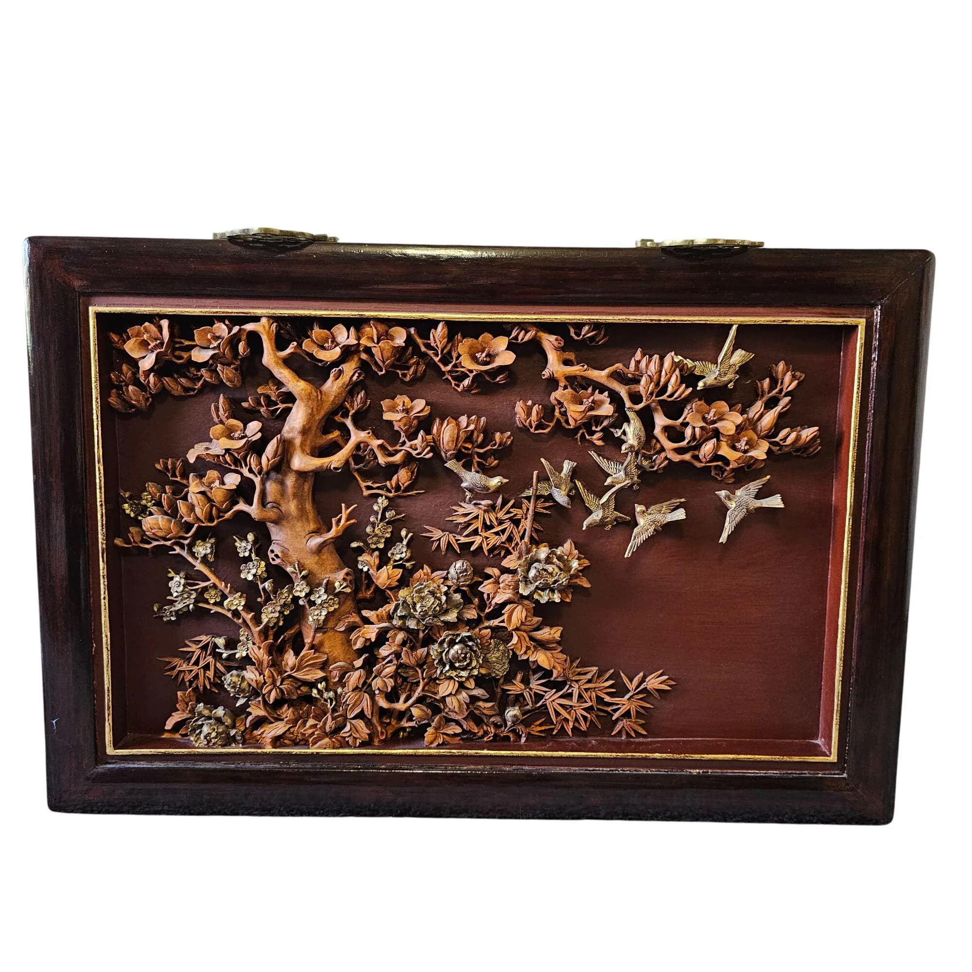 Antique Chinese Japanese Relief Carved Wood Lacquer Panel Birds Prunus Tree Wall