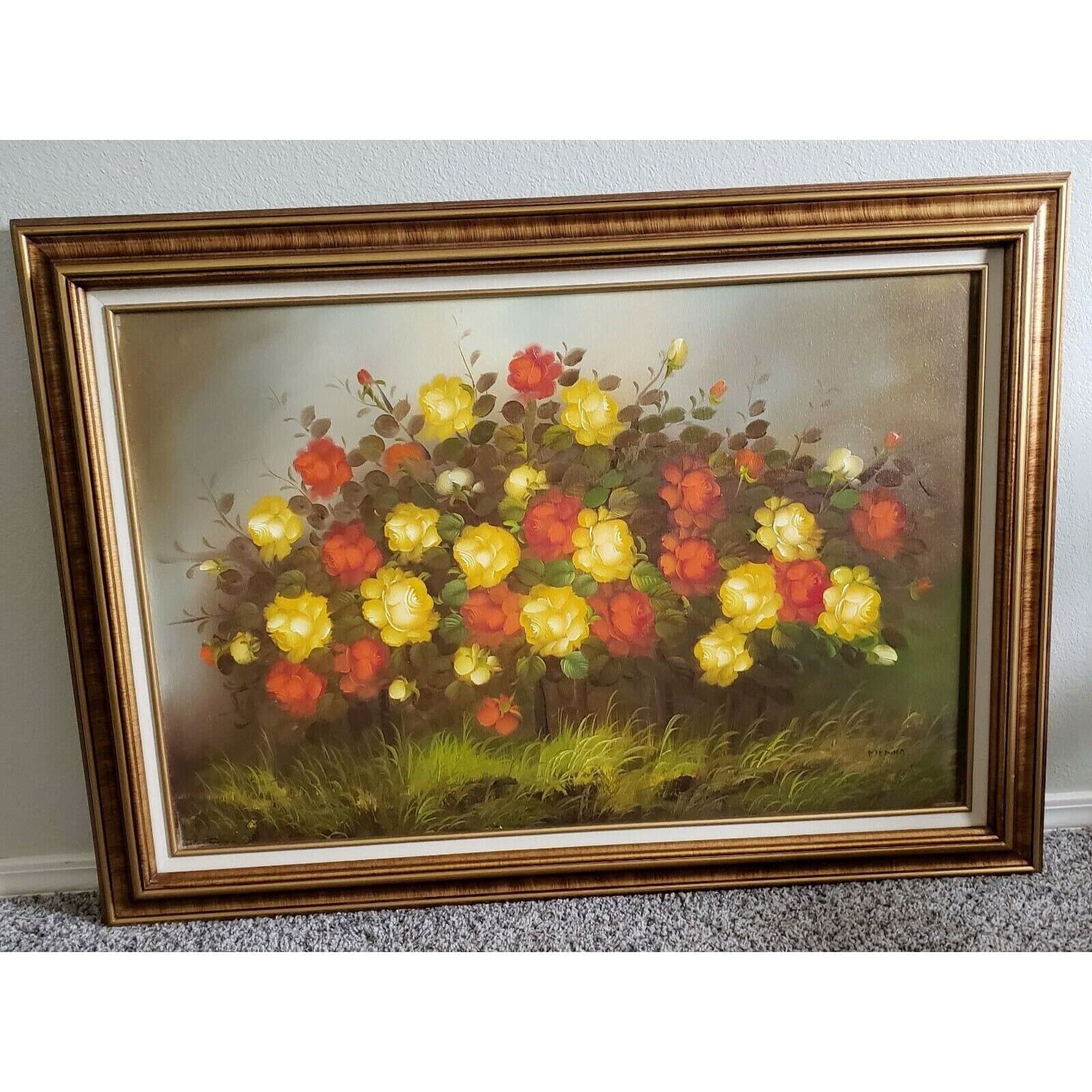 Original Medina Rose Bush Floral Flower Oil Painting Artist Signed Framed