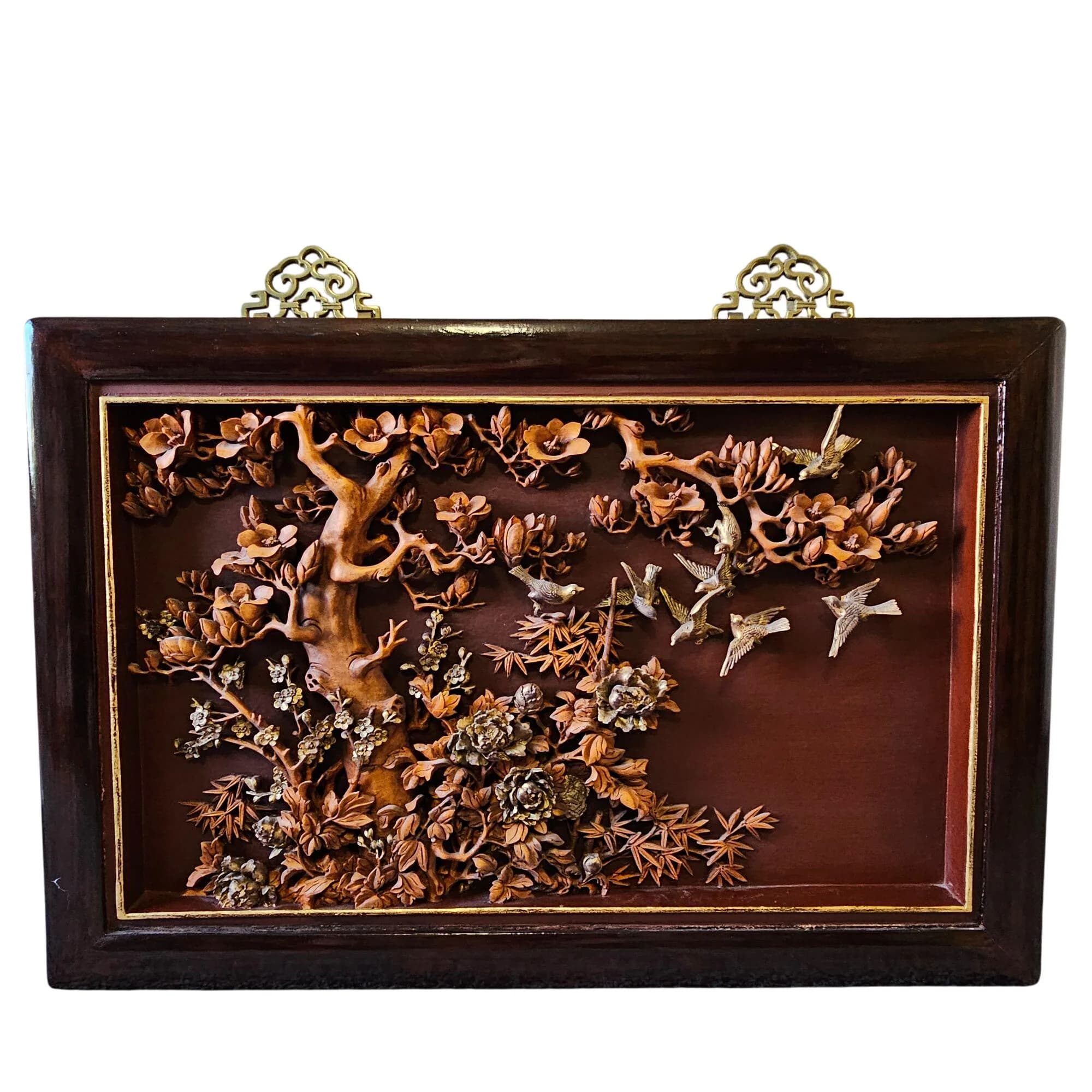 Antique Chinese Japanese Relief Carved Wood Lacquer Panel Birds Prunus Tree Wall - image 4