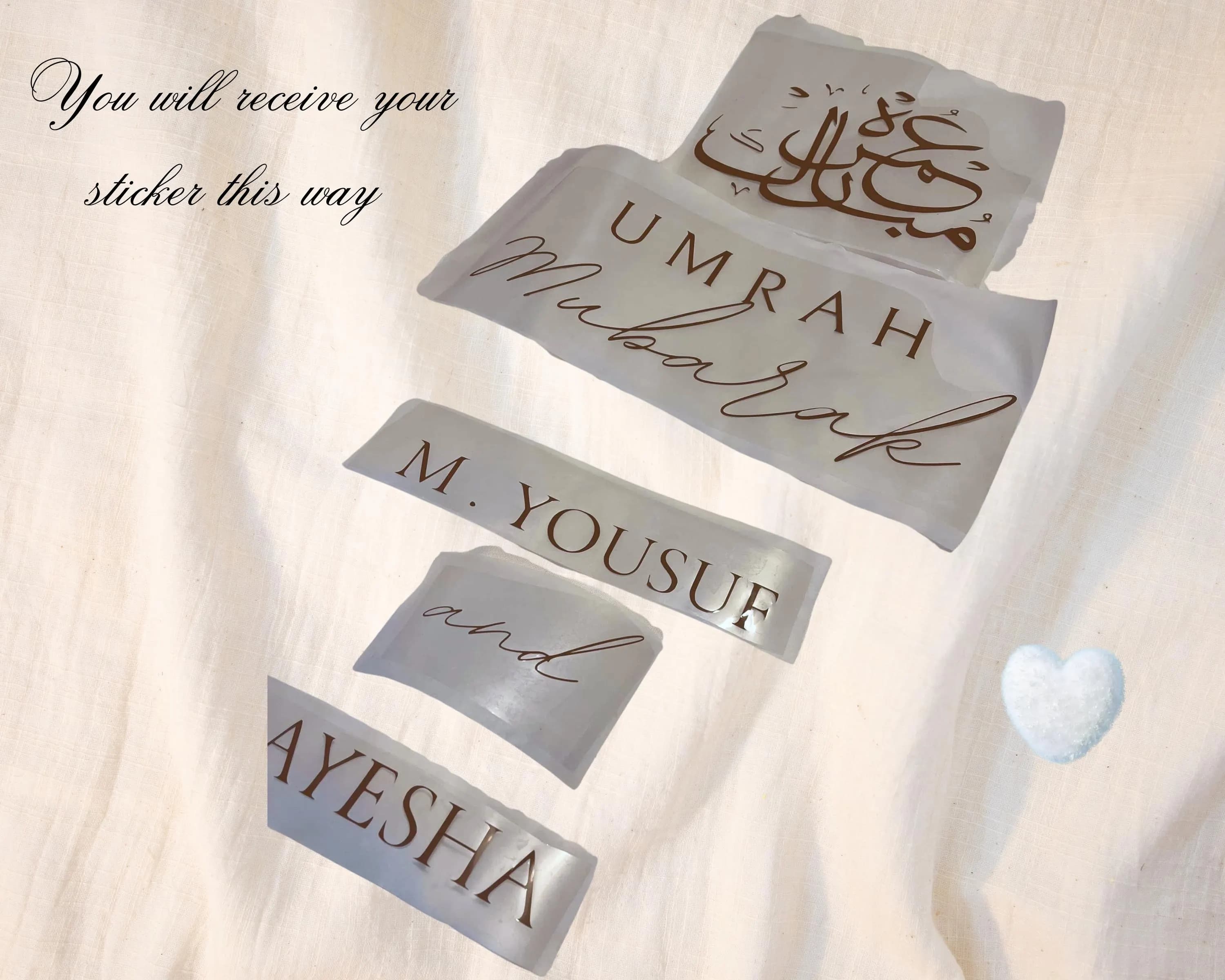 Umrah Mubarak Arabic Calligraphy - Iron on Vinyl Sticker Decal - Elegant design with Custom names - image 4