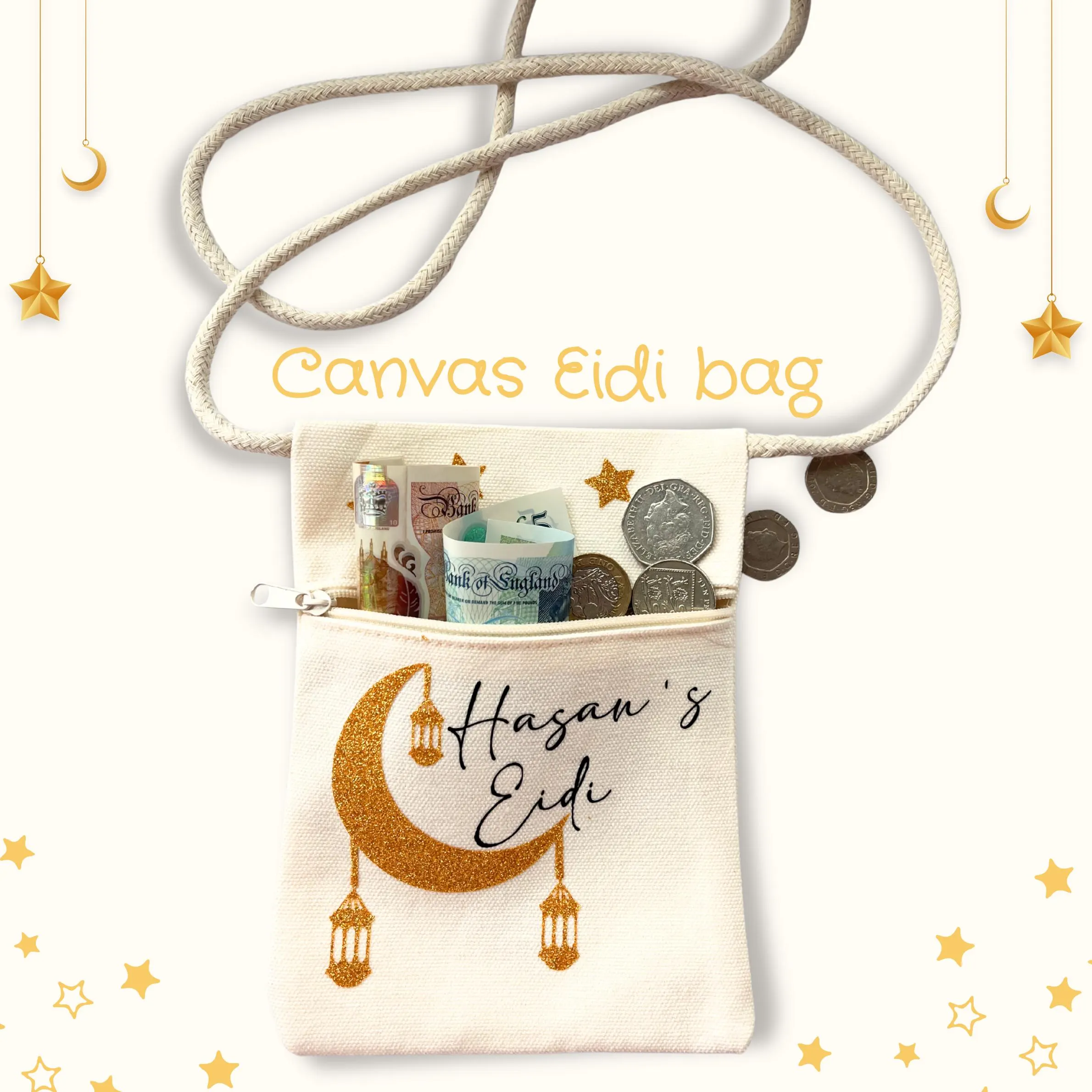 Kids Custom Eidi Bag – Gold Crescent Moon & Canvas Crossbody Bag with Zip