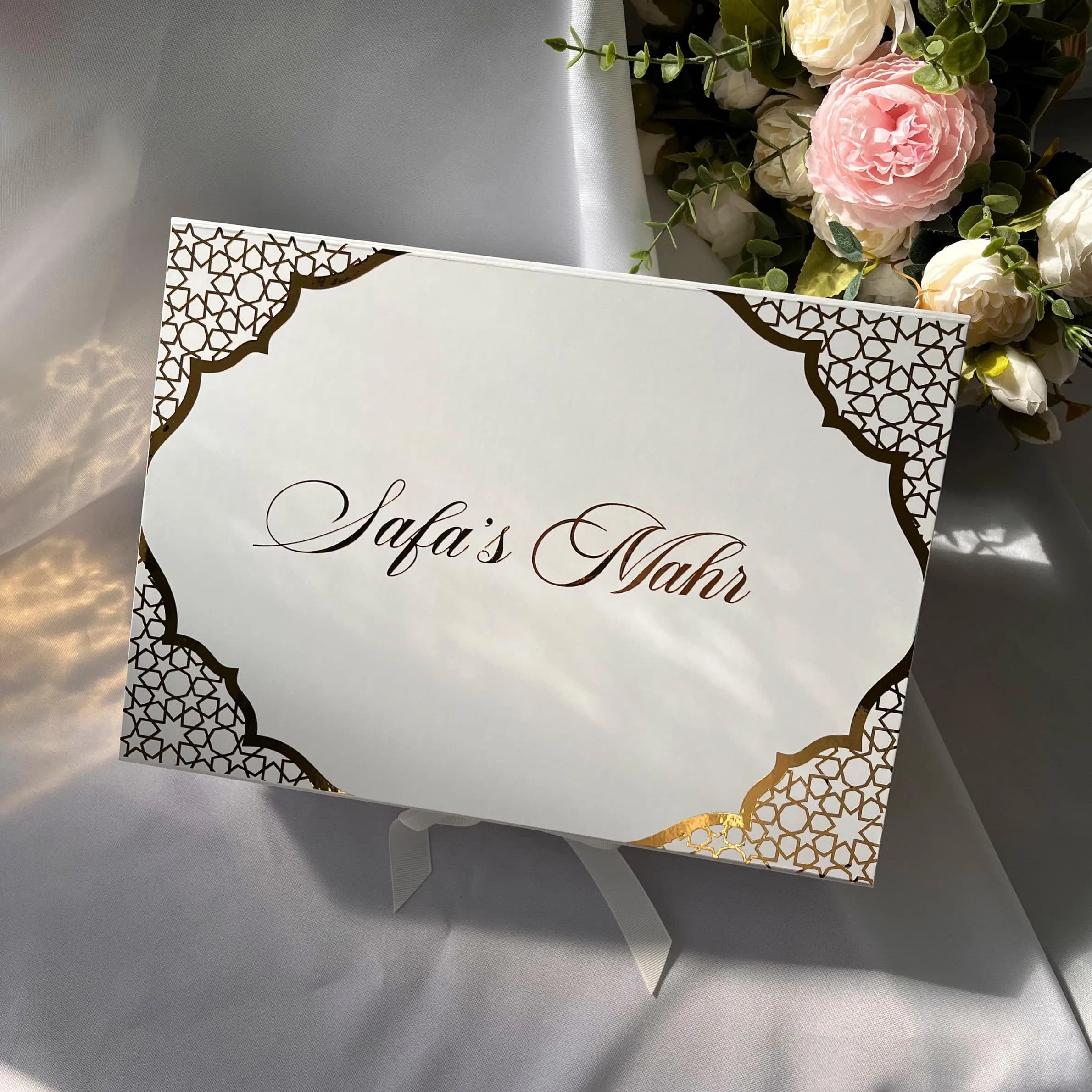 Mahr Box Personalised with Names & Date - White + Gold Nikkah Keepsake - Islamic Wedding Gift
