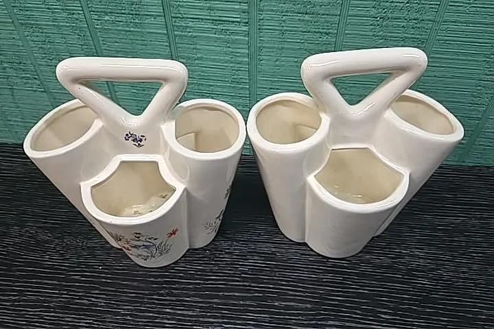 Set of Two Vintage Triple Vases with Handles - Off White Vases - image 4