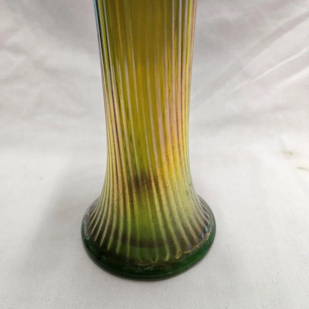 Vintage Iridescent Carnival Glass Vase: Ruffled Top, Green & Yellow Décor - image 4