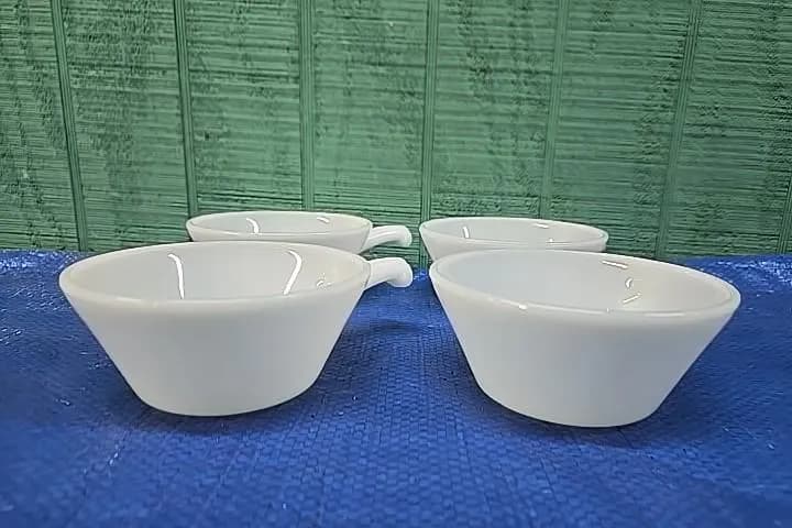 Oven Proof Anchor White Glass Skillets Set of Four Handled Milk Glass Bowls - image 3