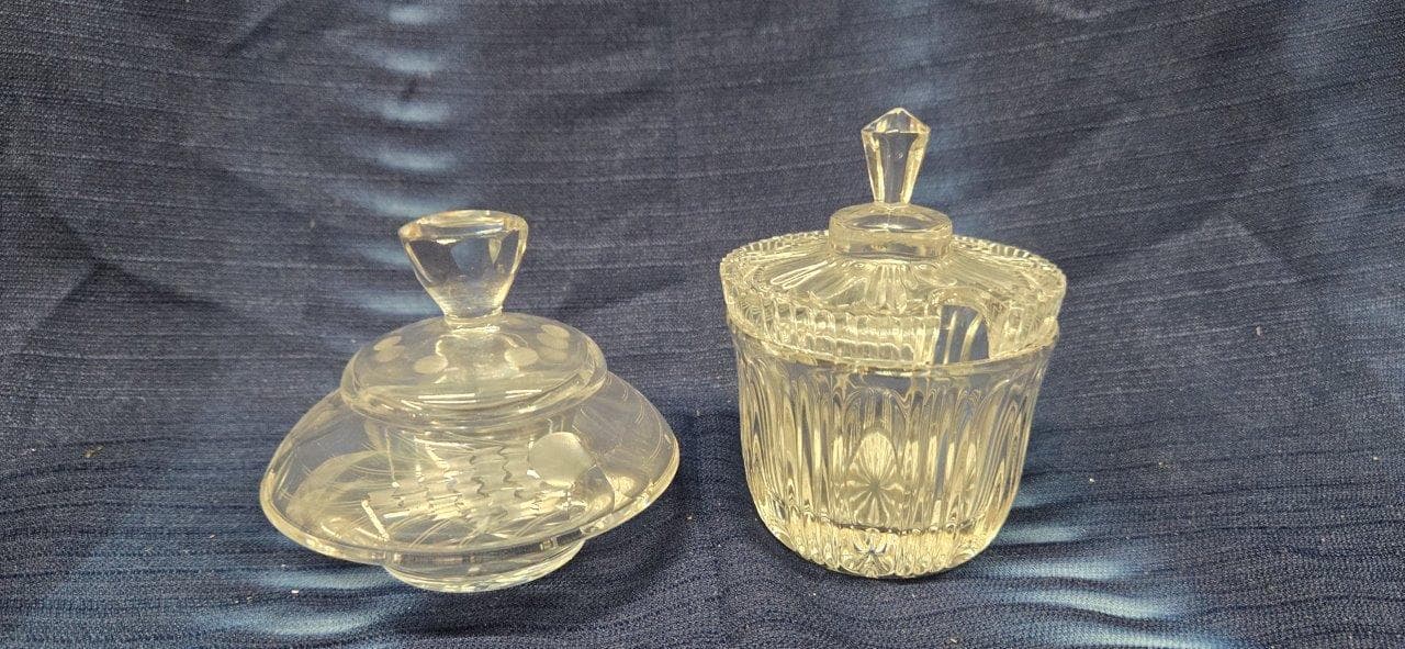Cut Glass Candy Dishes with Floral Design Lids - Home Decor - Set of 2
