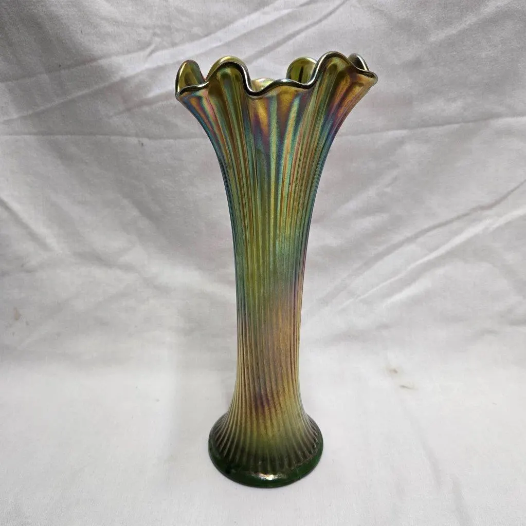 Vintage Iridescent Carnival Glass Vase: Ruffled Top, Green & Yellow Décor - image 3