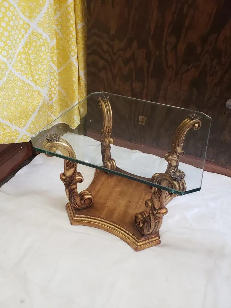 Hollywood Regency Glass Top End Tables: Gold Base, Ornate Design - Pair - Contact for Shipping Quote