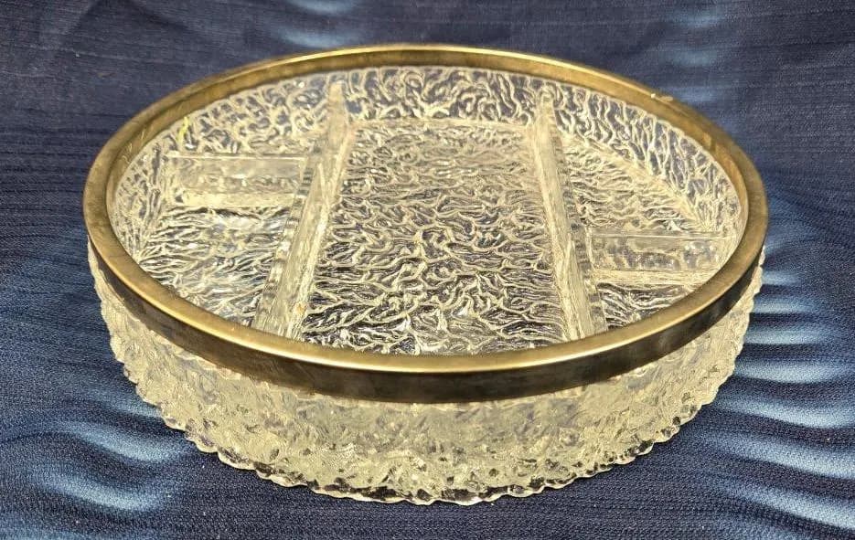 Vintage Clear Glass Tray: Textured Separator with Metal Rim