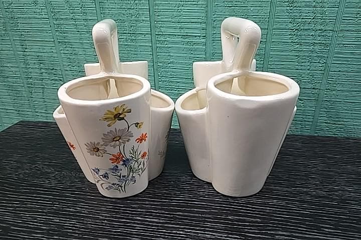 Set of Two Vintage Triple Vases with Handles - Off White Vases - image 5