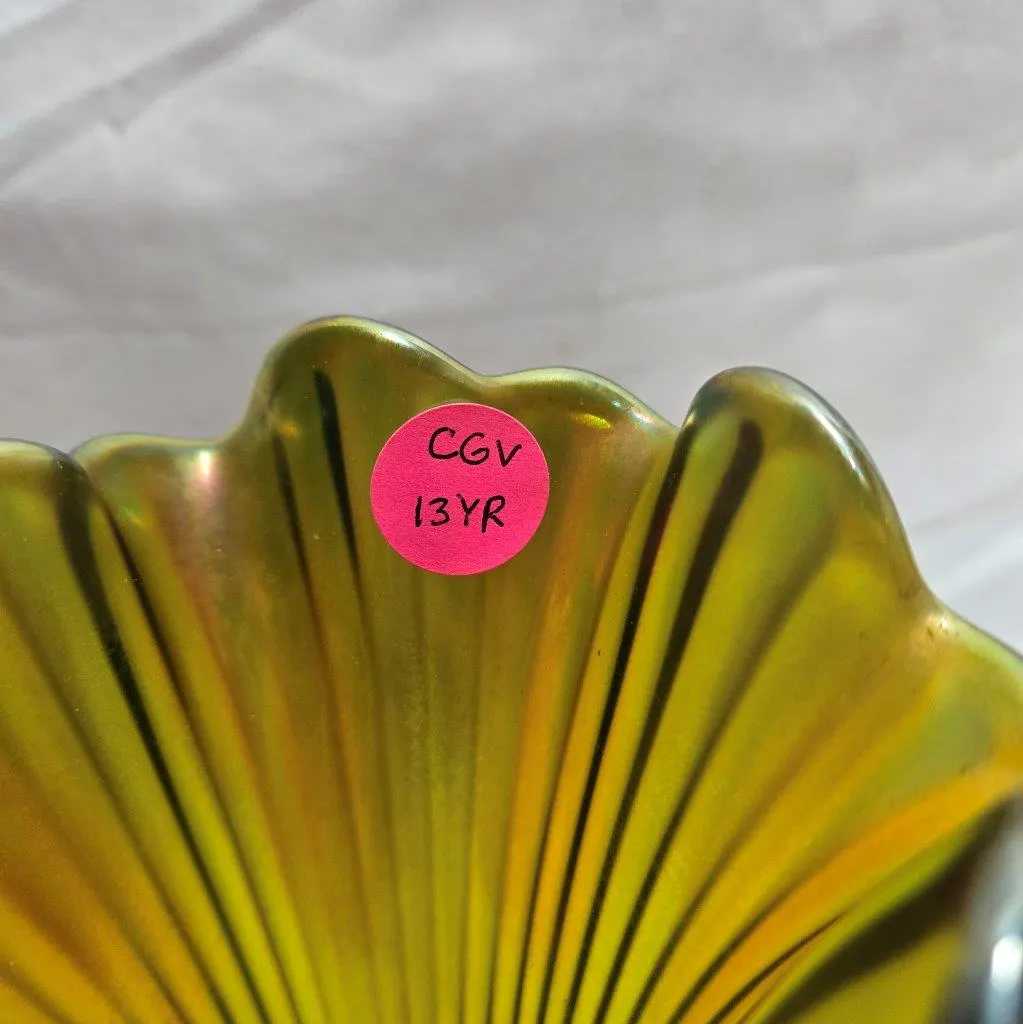 Vintage Iridescent Carnival Glass Vase: Ruffled Top, Green & Yellow Décor - image 5