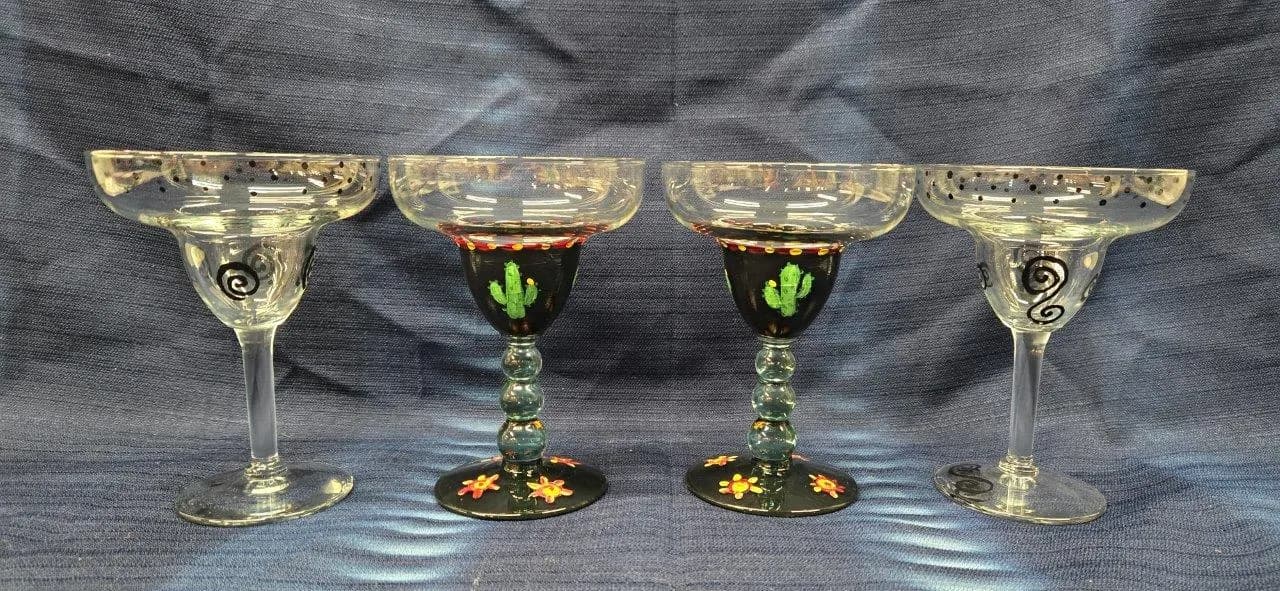 Hand Painted Martini Glasses - Set of 4 Floral Cactus Design