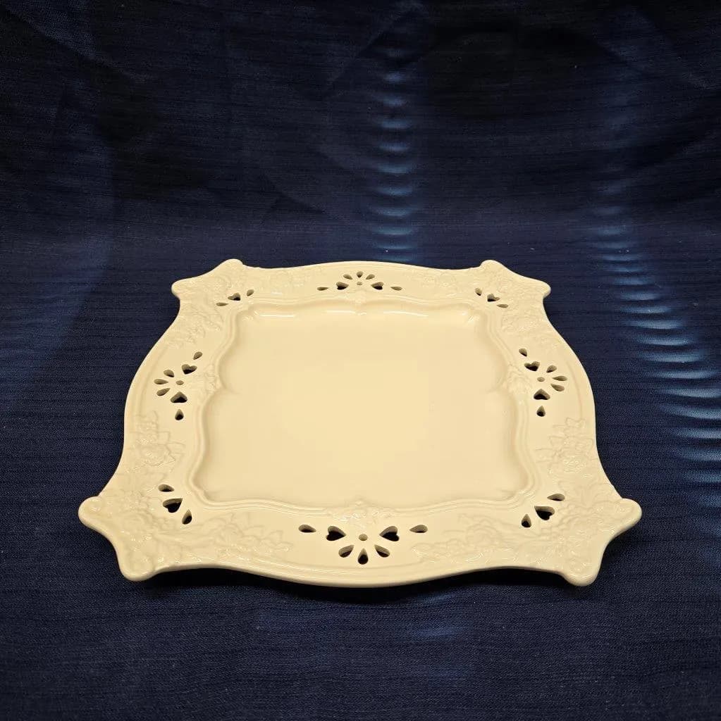 White Square Lace Etched Plate – European Elegant Dish – Ornate Plate with Detailed Design