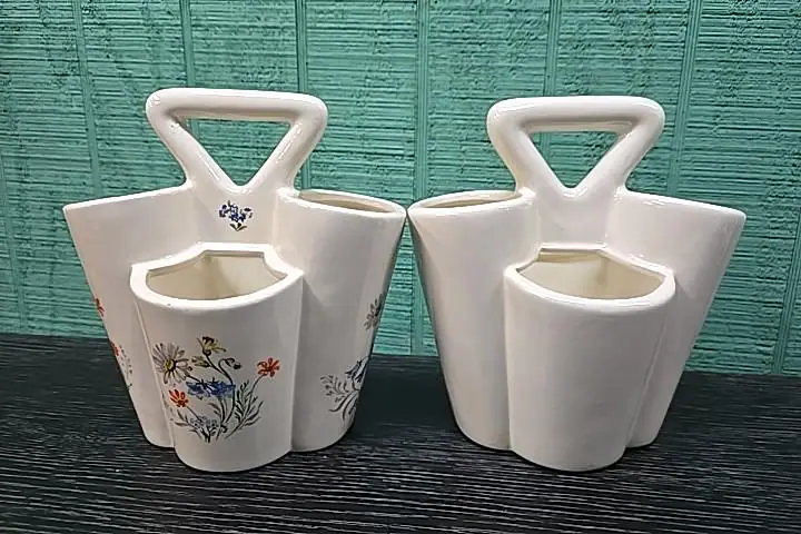 Set of Two Vintage Triple Vases with Handles - Off White Vases