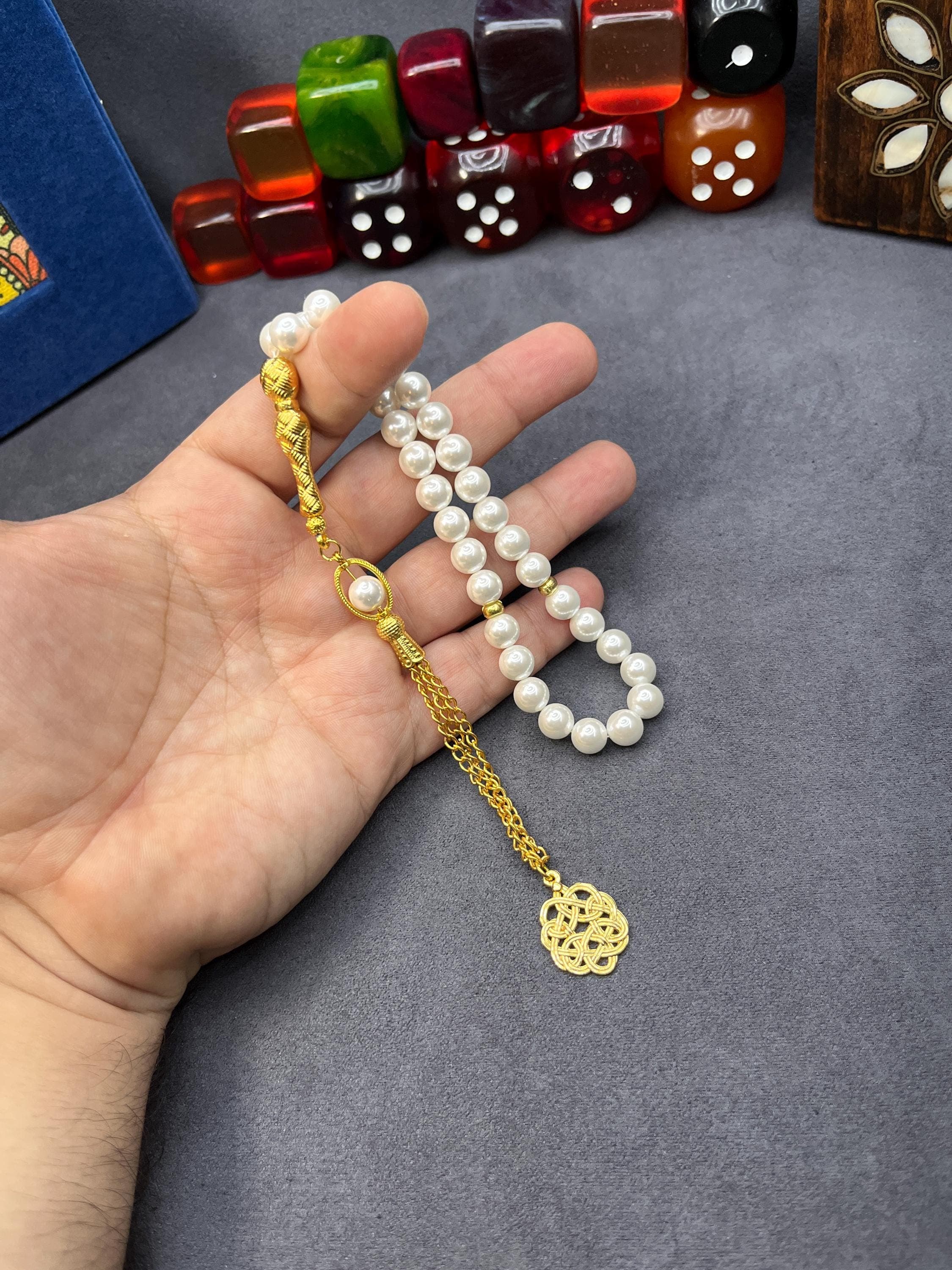 Glass Pearl Prayer Beads 33, Gold Plated Tassel, Islamic Eid Gift, Ramadan Mubarak