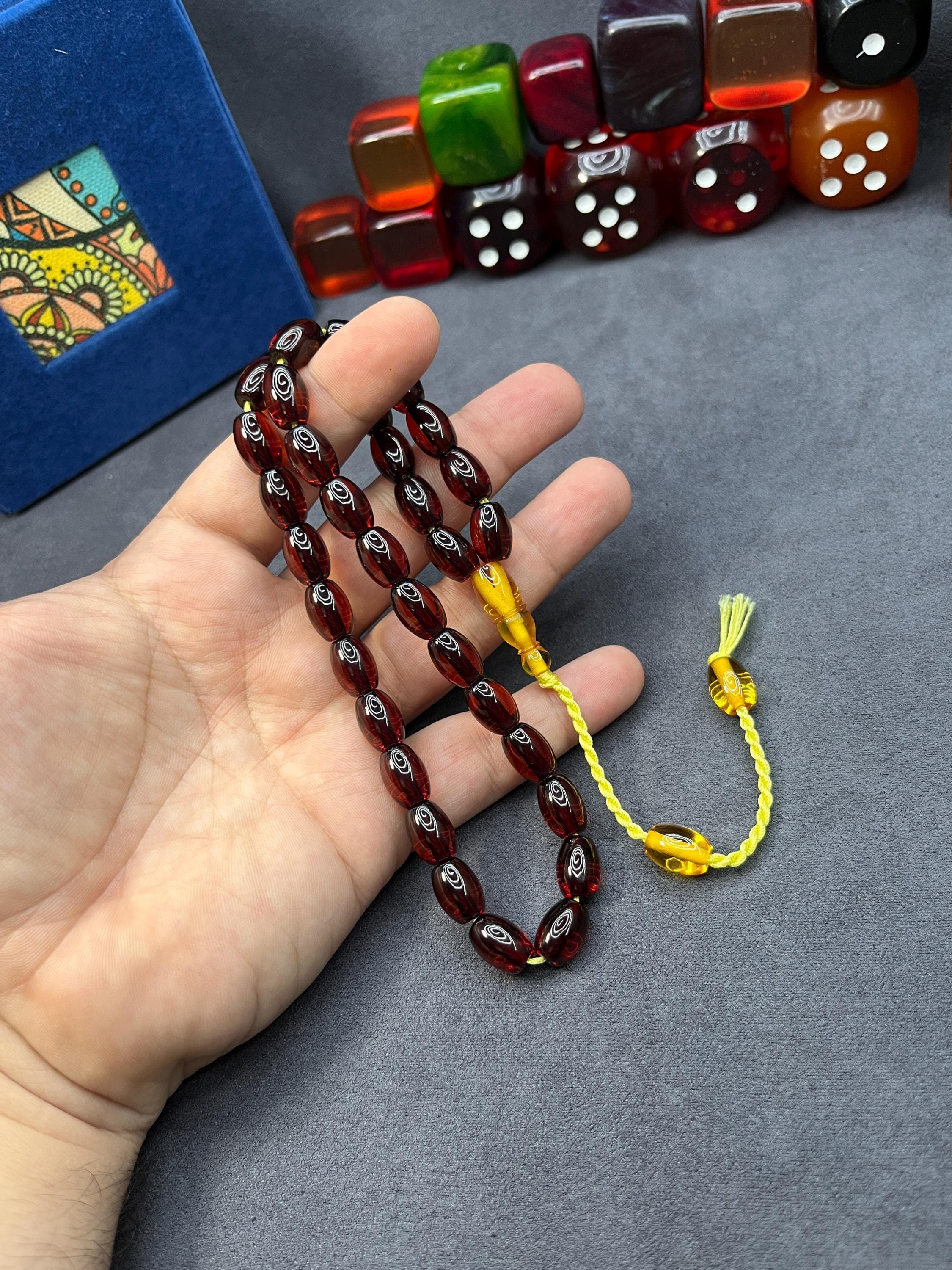 Ottoman Faturan Style Bakelite Tasbih, 33 Cherry Yellow Prayer Beads - image 3