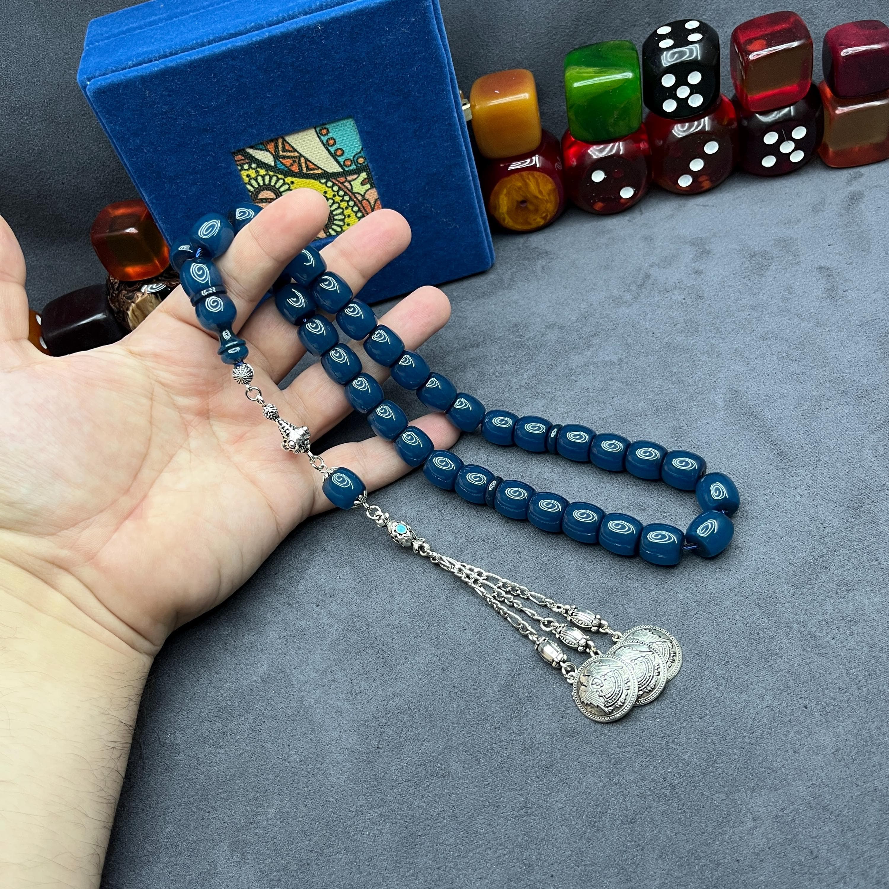 Blue Faturan 33-Bead Tasbih: Muslim Bakelite Prayer Beads, Islamic Metal Tassel Tasbeeh