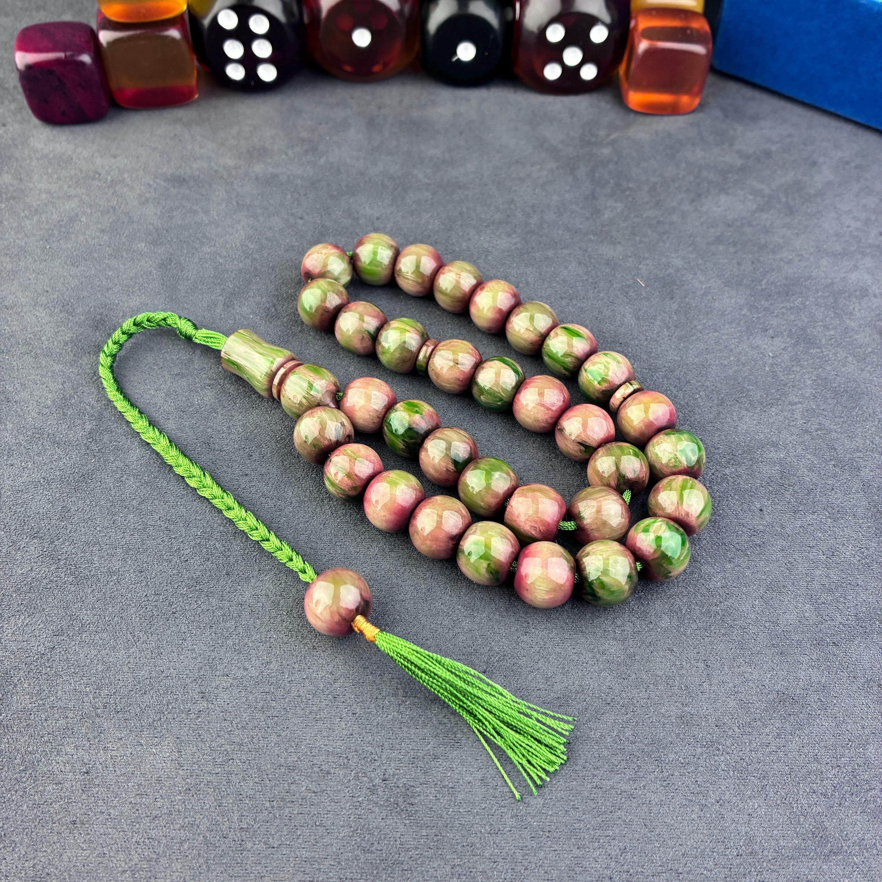 Handmade Catalin Prayer Beads – Green & Pink Islamic Tasbih