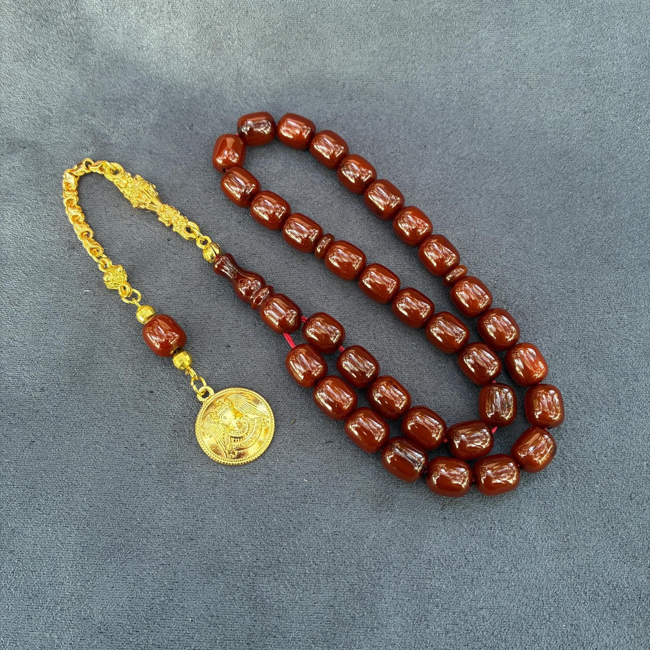 Handmade Brown Bakelite Prayer Beads, Gold Plated Tassel, Muslim Rosary Gift