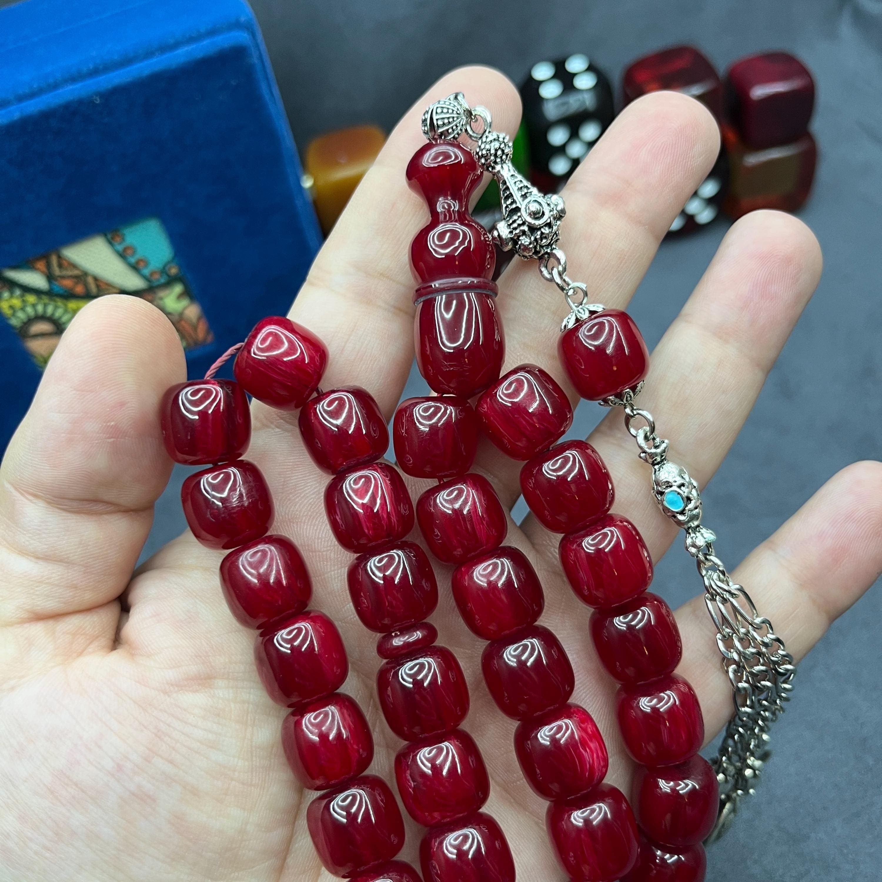 Bakelite Faturan Style 33-Bead Tasbih: Cherry Ottoman Amber Prayer Beads, Metal Tassel Misbaha, - image 3