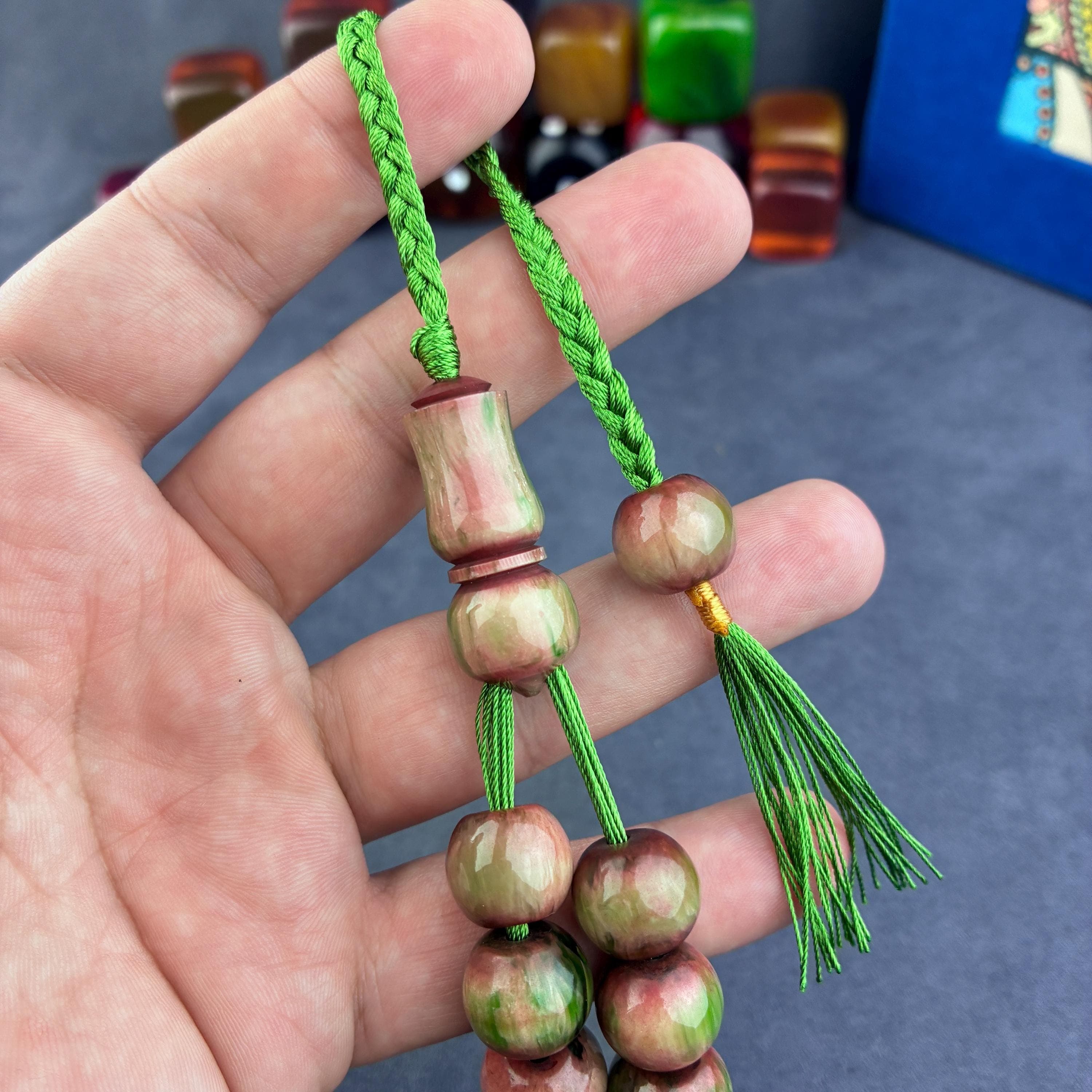 Handmade Catalin Prayer Beads – Green & Pink Islamic Tasbih - image 5