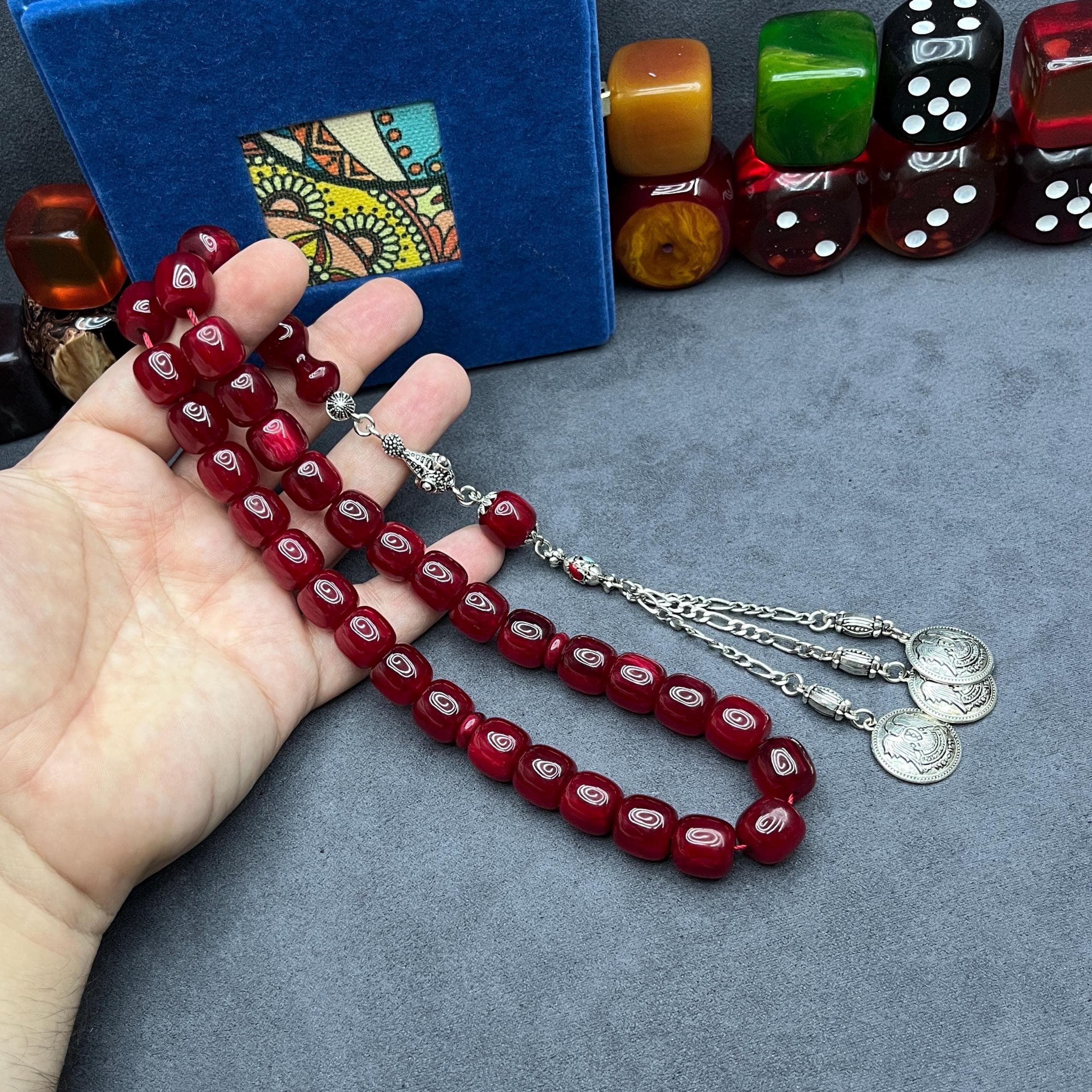 Bakelite Faturan Style 33-Bead Tasbih: Cherry Ottoman Amber Prayer Beads, Metal Tassel Misbaha, - image 5